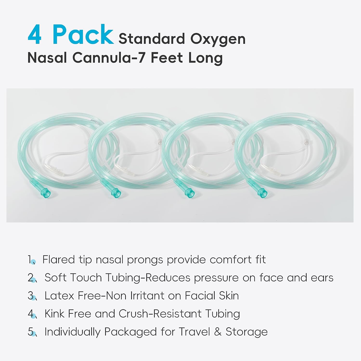 7 Foot Green Nasal Cannulas for Oxygen, Standard Kink Resistant Cannula Nasal Tubing for Oxygen - 4 Pack Oxygen