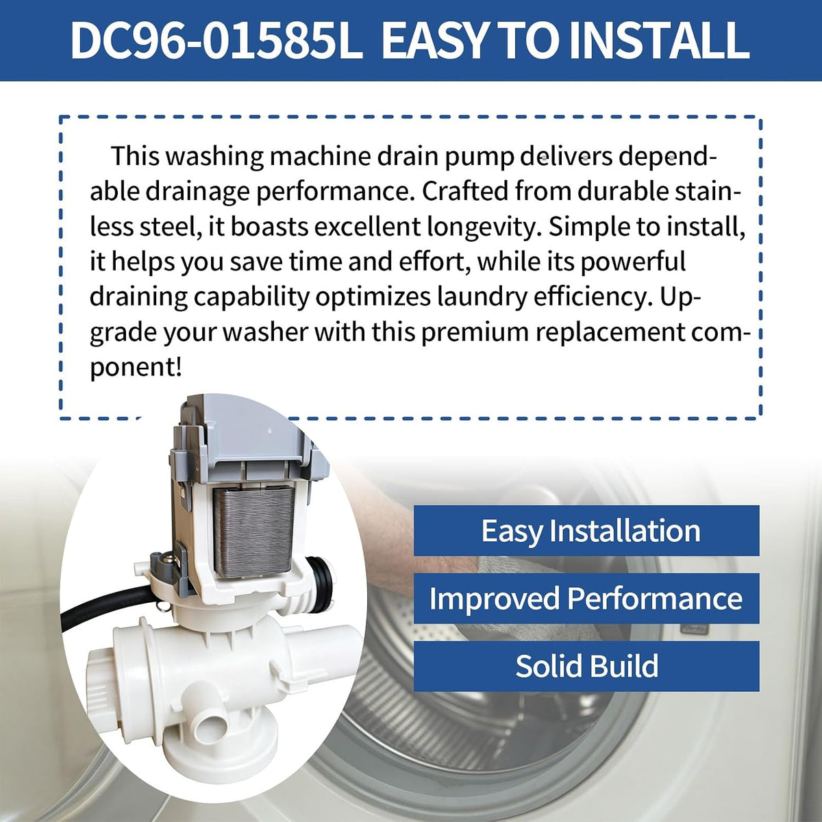 DC96-01585L Washer Drain Pump, Replacement for WF210ANW/XAA-04 WF361BVBEWR/A2-01 WF433BTGJWR/A1-00 WF433BTGJWR/A2-00 Washing Machine, compatible with SAM SUNG washing machines
