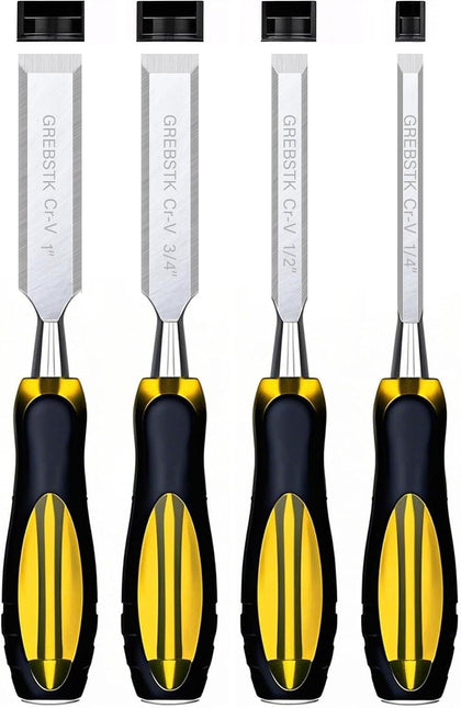 4 Piece Wood Chisel Set CR-V Steel Sharp Bevel Edge for Woodworking | Chromium Vanadium, Durability. Ergonomic