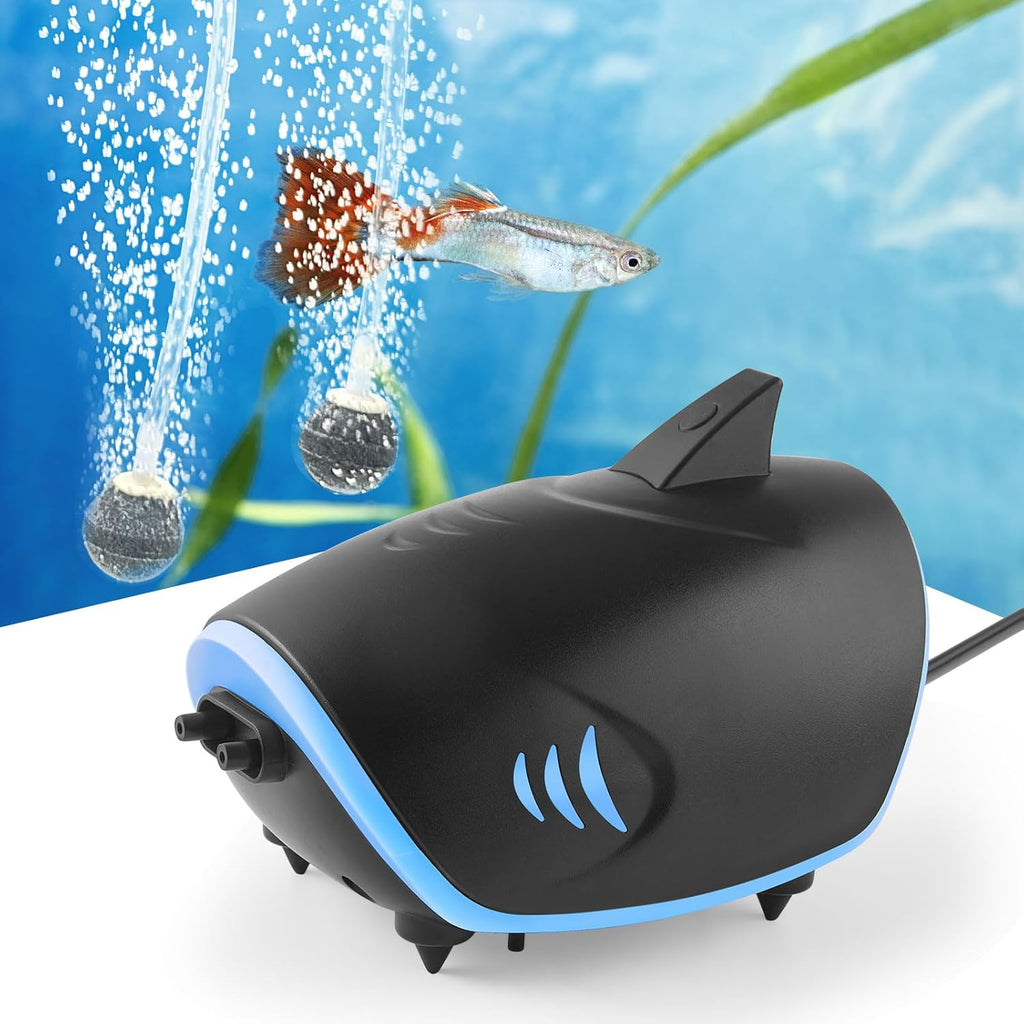 3W Quiet Aquarium Air Pump: 80GPH Adjustable Fish Tank Air Pump with Dual Output, Powerful Shark-Shaped Aquarium
