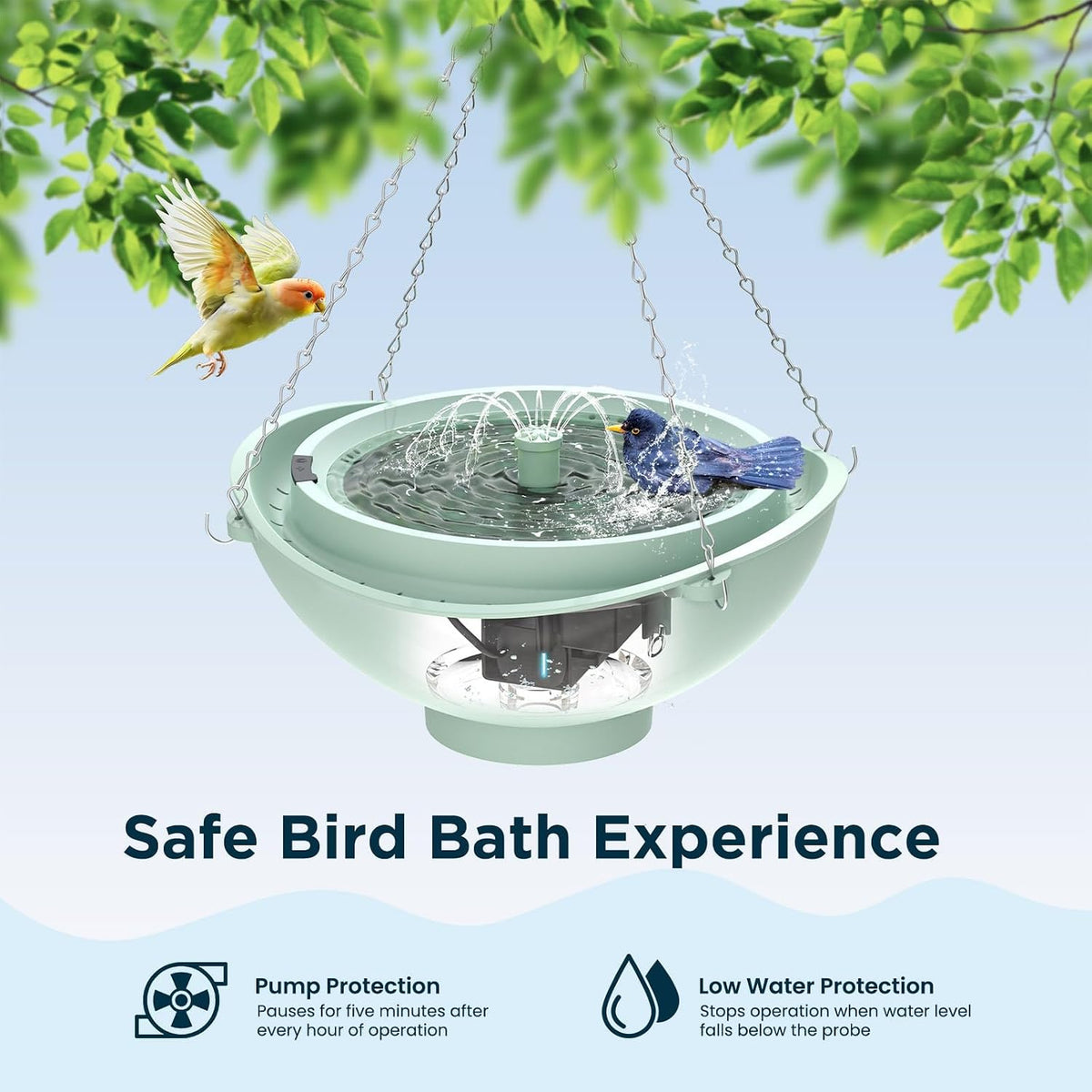 4" Extra Deep Hanging Bird Bath, Solar Bird Bath Fountain with 3 Spray Modes - 2L Large Capacity, Quiet Pump with