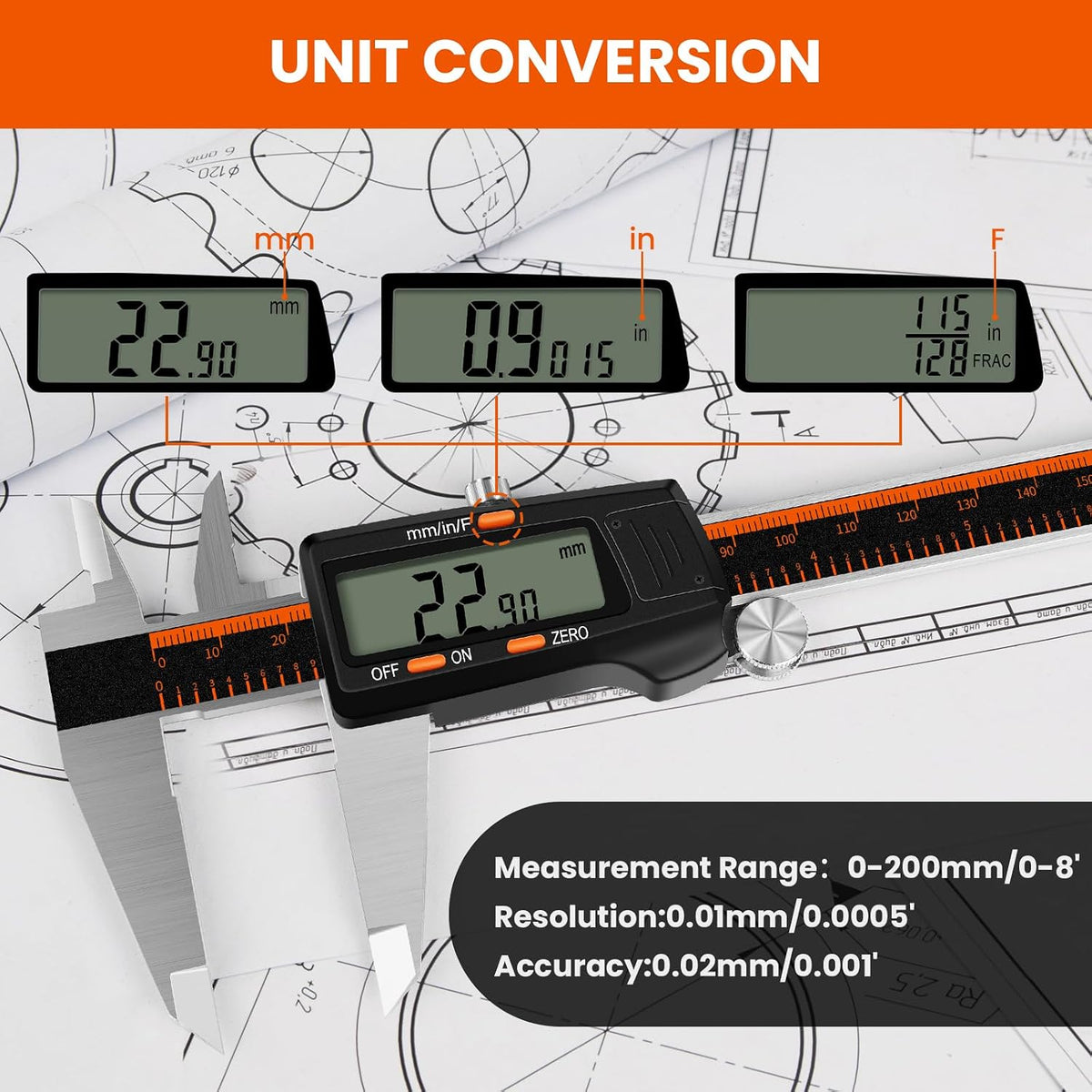 HARDELL Digital Caliper 0-8" Stainless Steel, Inch/Fractions/mm