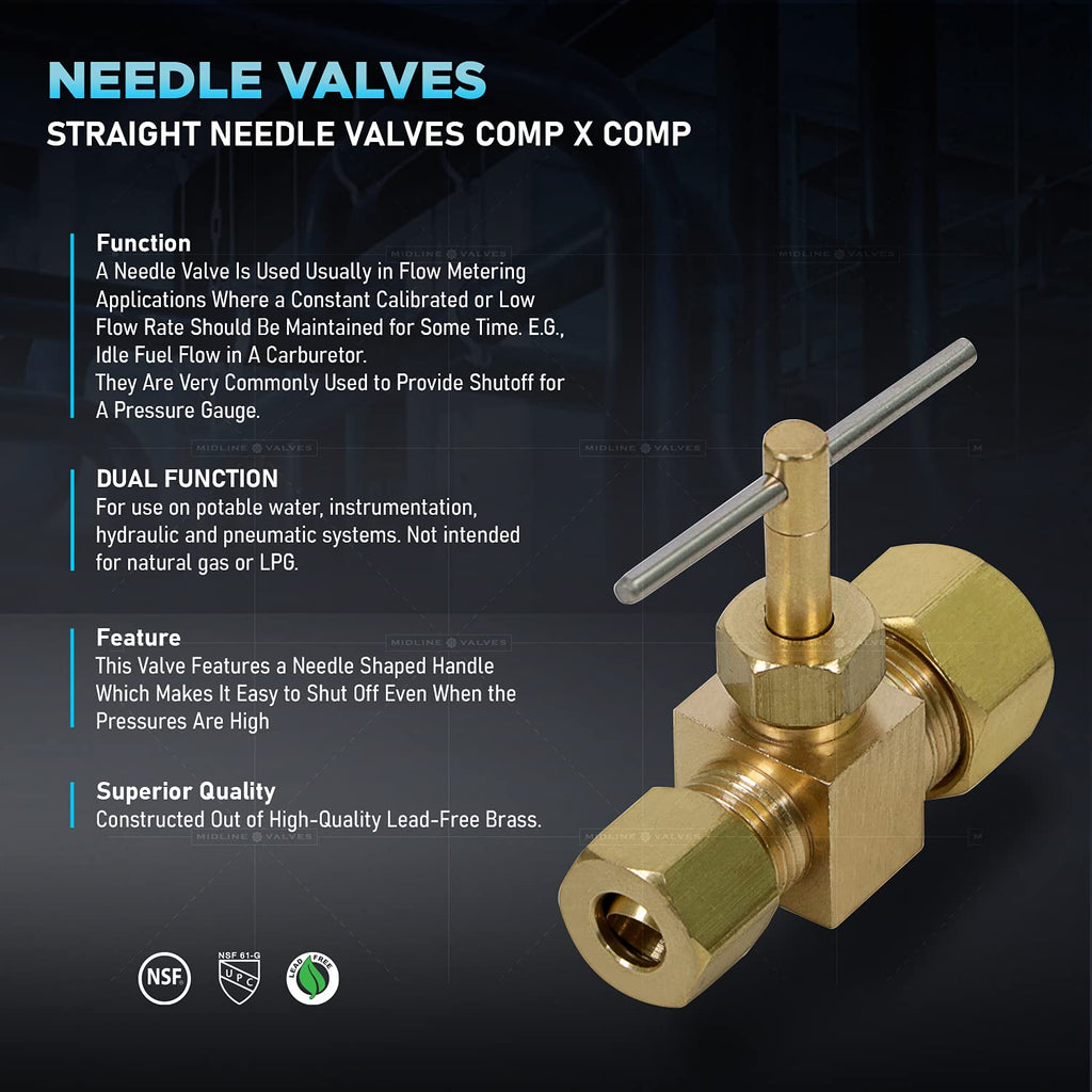 1/4 Inch Compression Straight Needle Valve, Brass Lead-Free