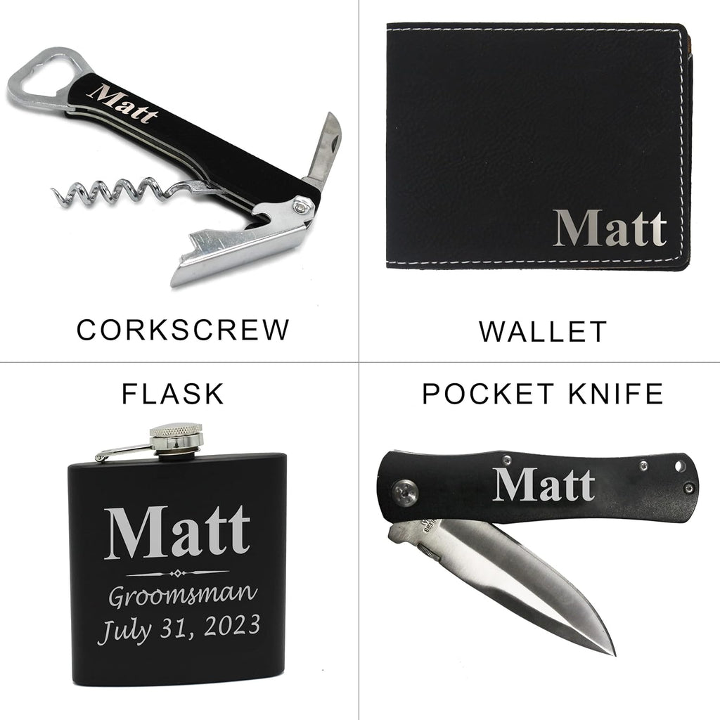 Custom Engraved and Personalized Groomsmen Box Set for Groomsman, Groom, Best Man - Monogrammed Wedding Party