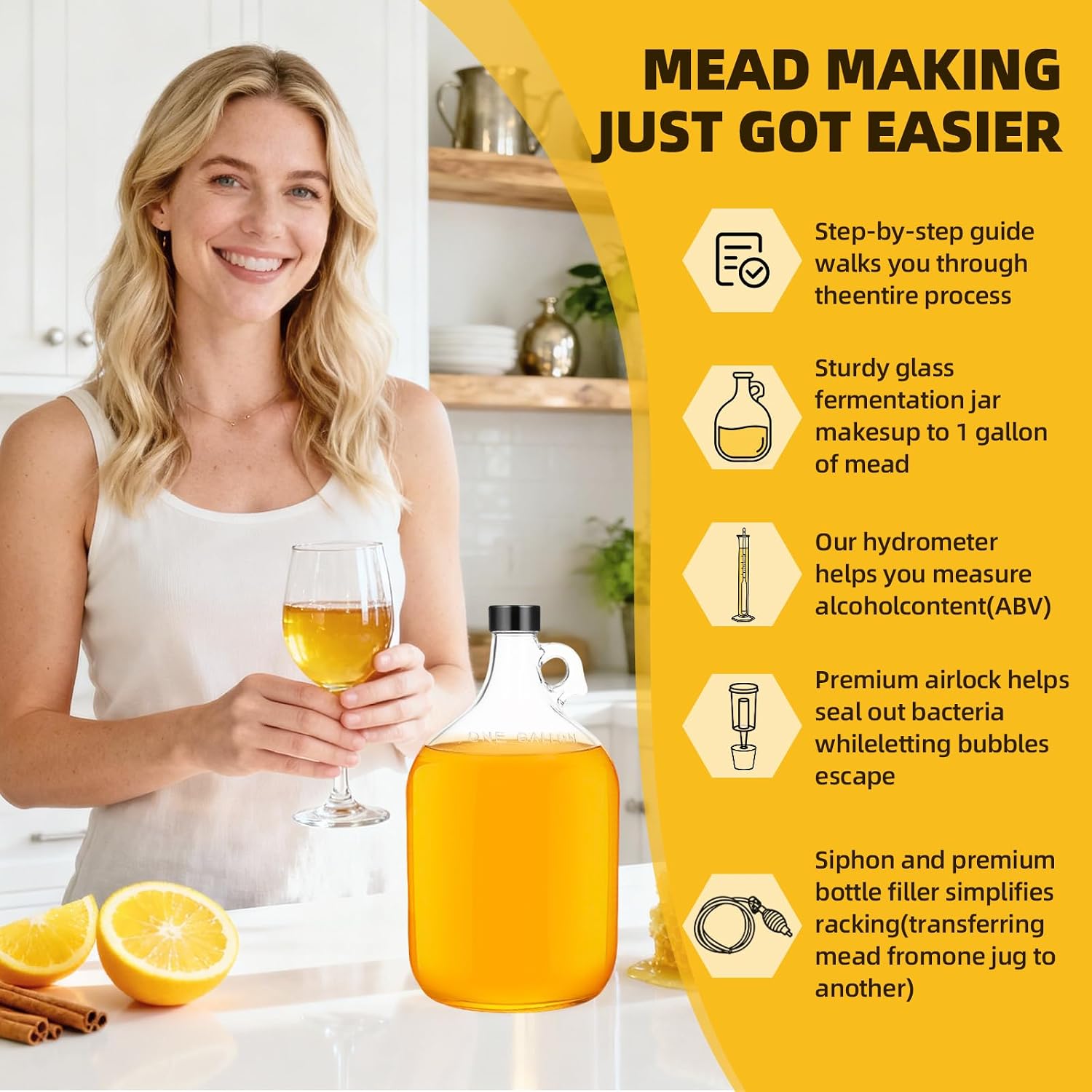 Mead Making Kit for Beginners 1 Gallon Home Brewing Kit with Glass Fermentation Jar Siphon Airlock Stopper