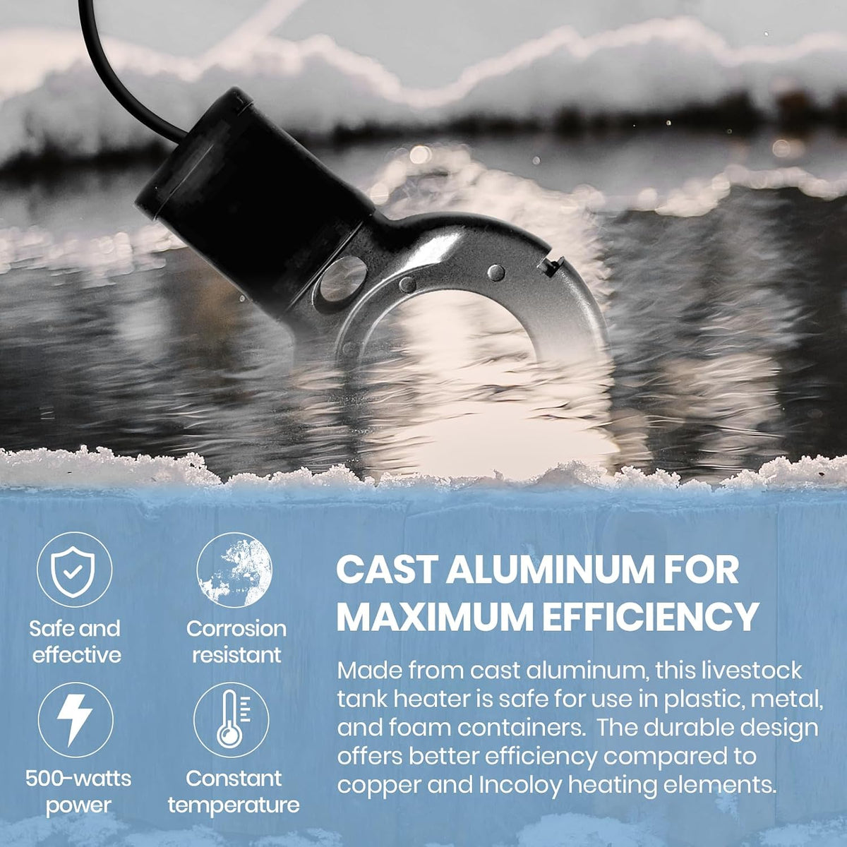 Upgraded 500-Watt Chicken Water Heater - Submergible Cast Aluminum Utility De-Icer with Black Teflon Coating for