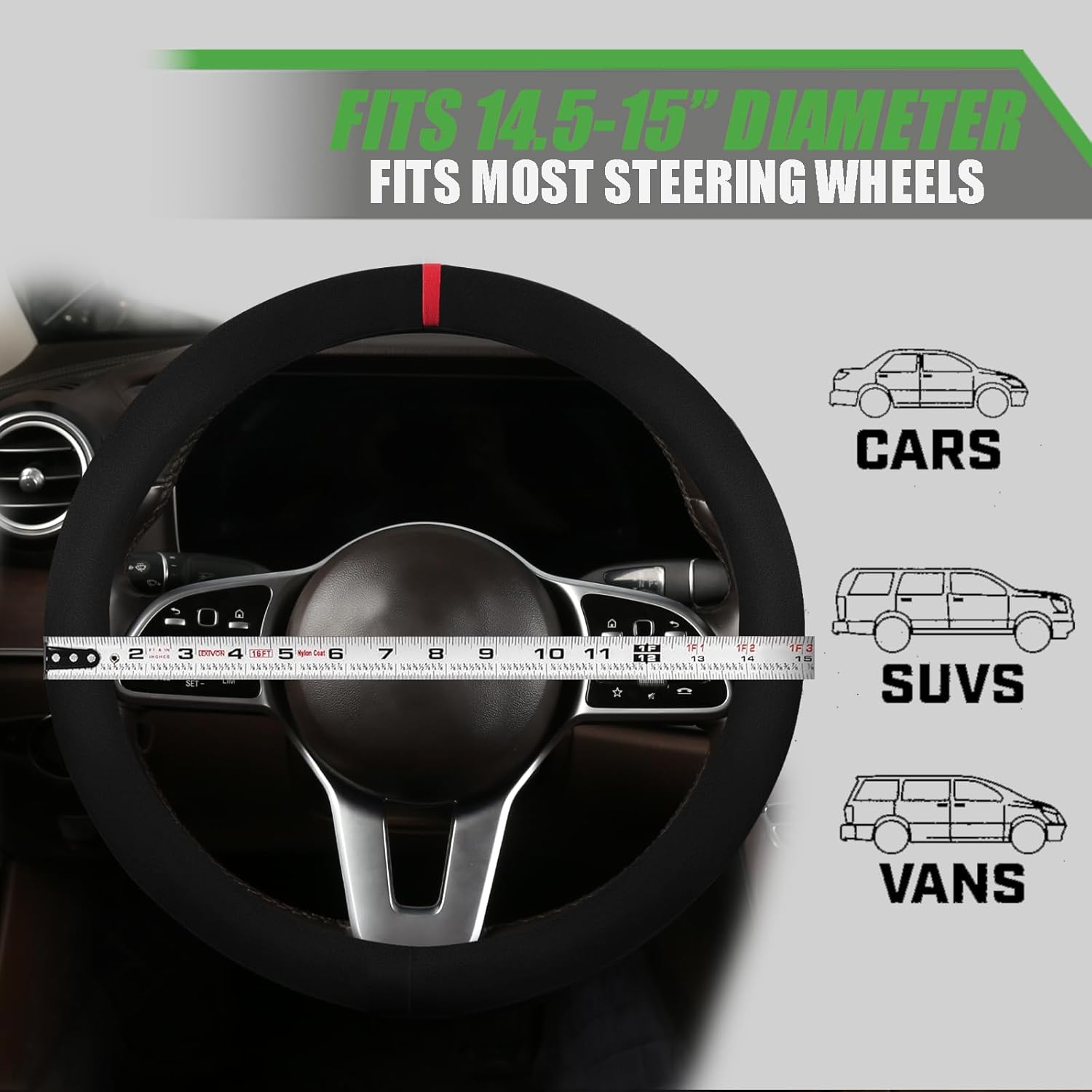 Suede Steering Wheel Cover with Upgraded Silicone Inner Ring, Breathable, Anti-Slip, Leather Universal 14.5 to 15