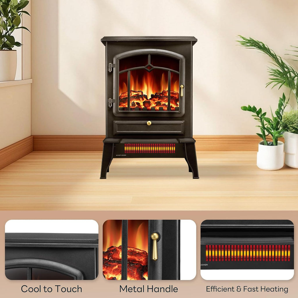 Electric Fireplace Stove with Dual Heat & Flame-Only Mode, 5100 BTU | 22 in, 1000W/1500W Settings for Fast Warmth