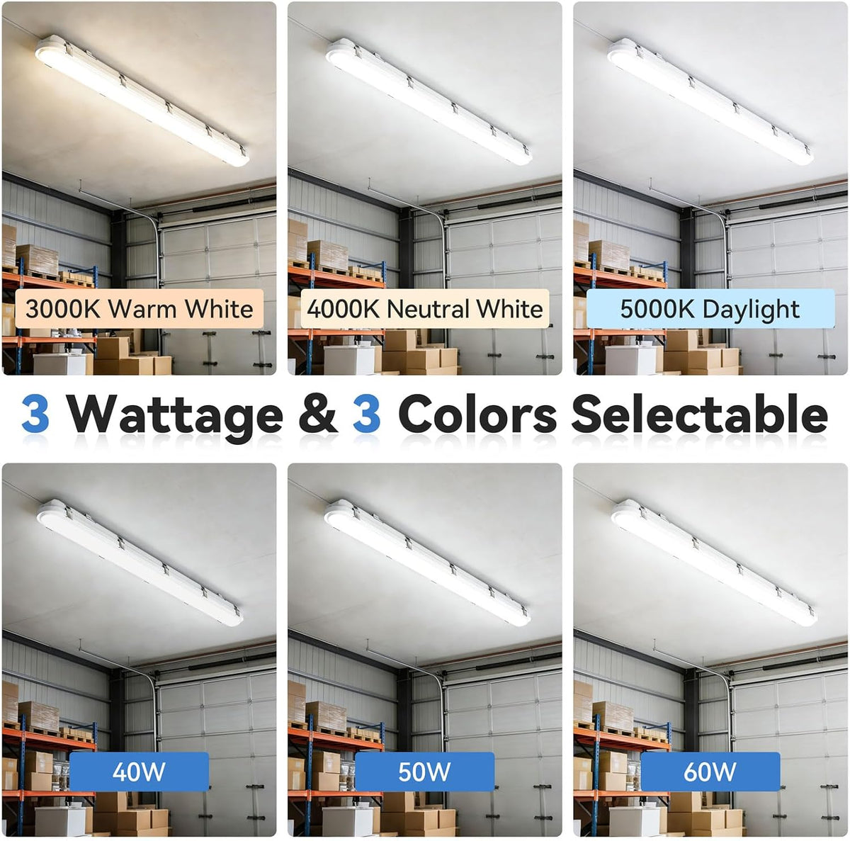 4FT LED Vapor Tight Lights, 60/50/40W 3/4/5000K Adjustable, 2Pack