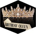 Birthday Crown for Women, Gold Plated Crystal Tiara with Sash | Sparkling Princess Queen Tiara, Adult Fit, Birthday