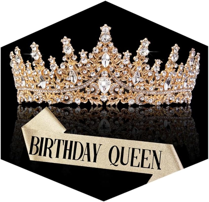 Birthday Crown for Women, Gold Plated Crystal Tiara with Sash | Sparkling Princess Queen Tiara, Adult Fit, Birthday
