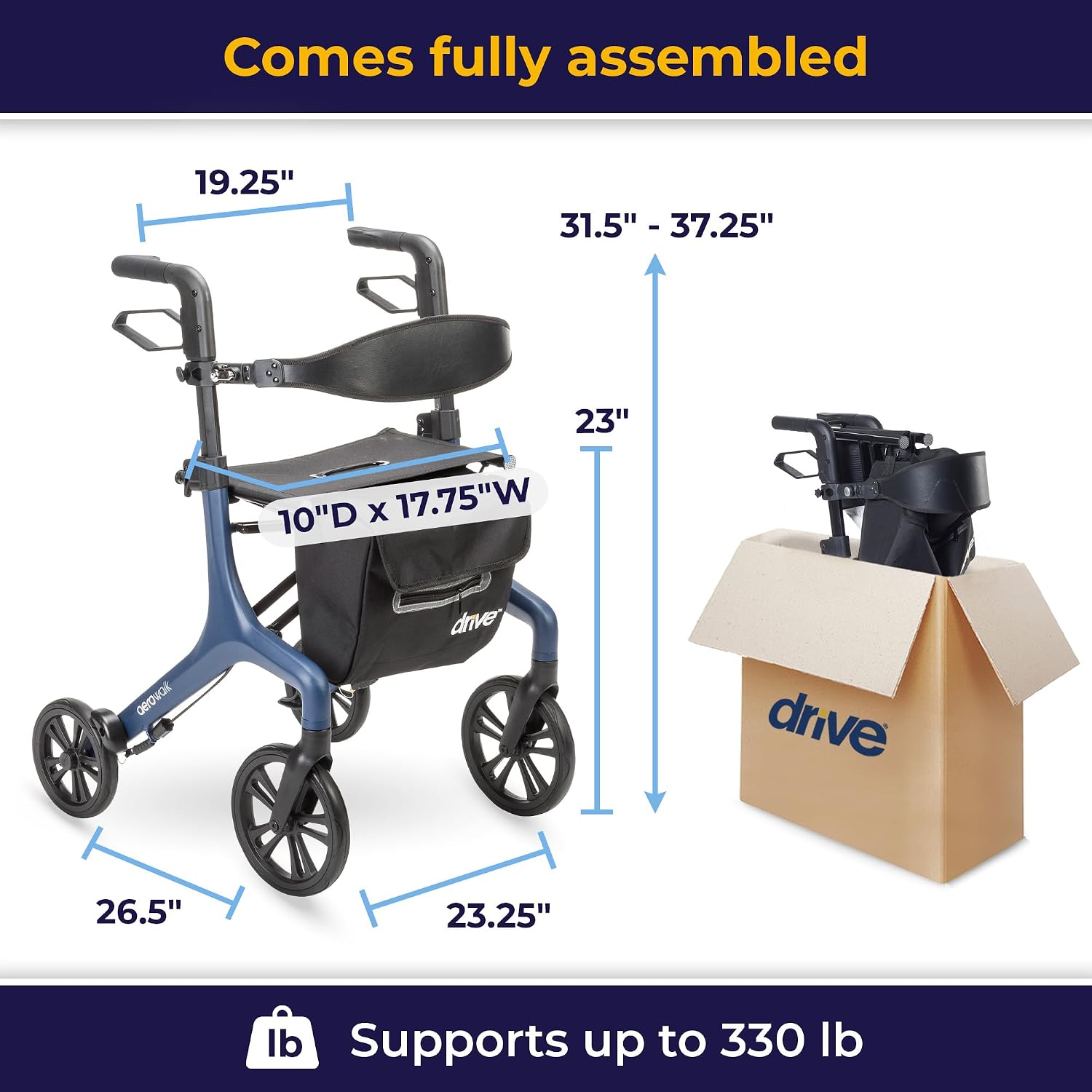 AeroWalk Ultra-Lite Rollator with Seat, Lightweight Adult Walkers with 4 Wheels, Folding Rolling Walker for Women
