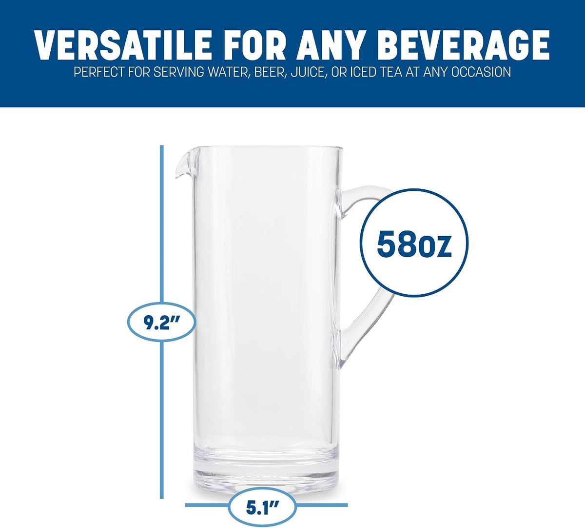 Elan Clear Pitcher Tall Pitcher, Plastic Pitcher for Restaurants, Catering, Kitchens, Plastic, 58 Ounces, Clear