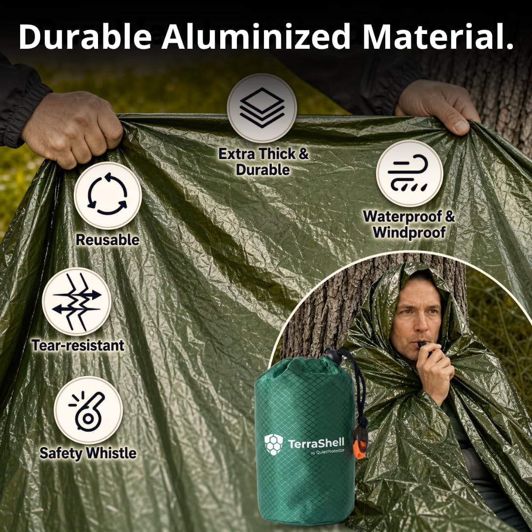 TerraShell Emergency Sleeping Bag, Survival Bivy Sack with Built-in Whistle, Waterproof Thermal Mylar Blanket
