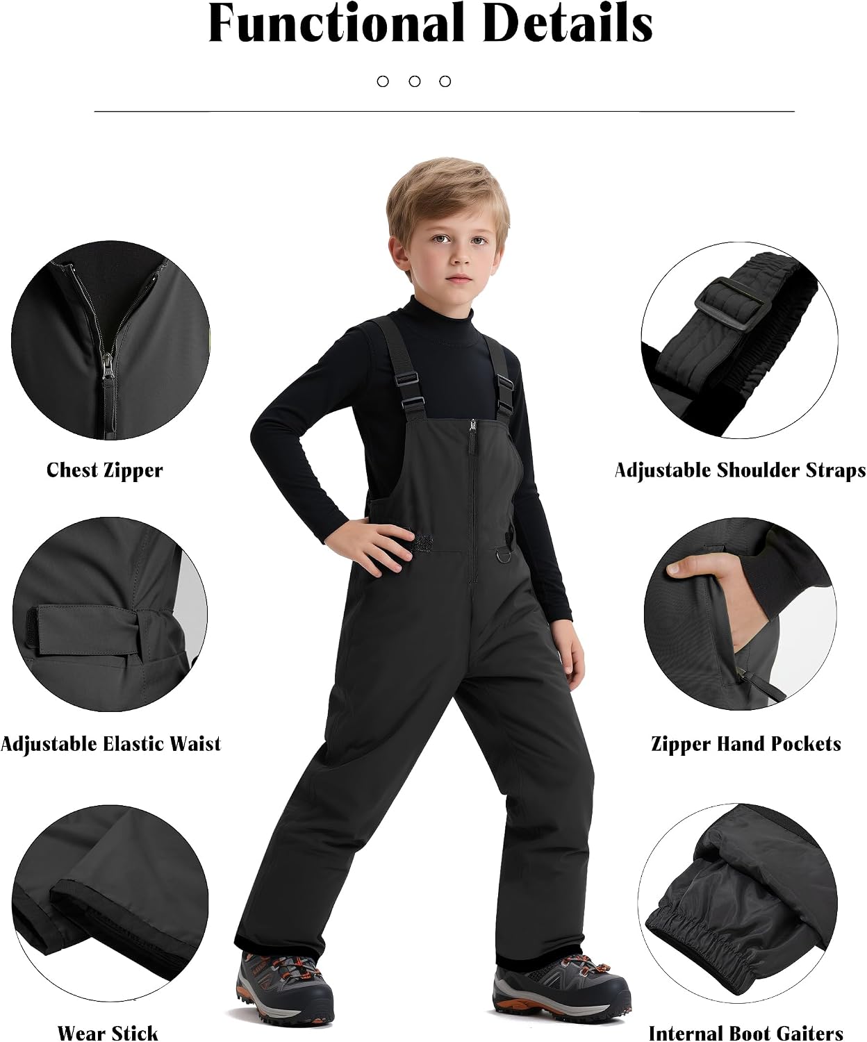 Boys Ski Pants Winter Snow Bibs Kids Insulated Snowboarding Overalls | Waterproof,Front zipper fly design,Built-in