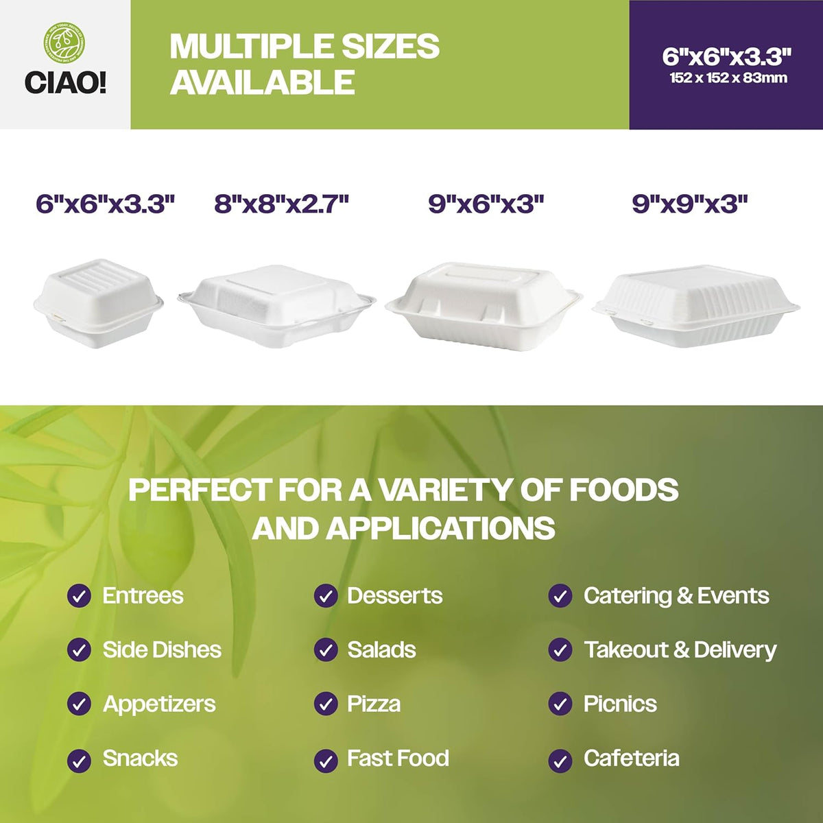8"x8"x3" Clamshell 1 Compartment 100% Compostable Ecofriendly PFAS Free Unbleached Bagasse Natural White (200/case)