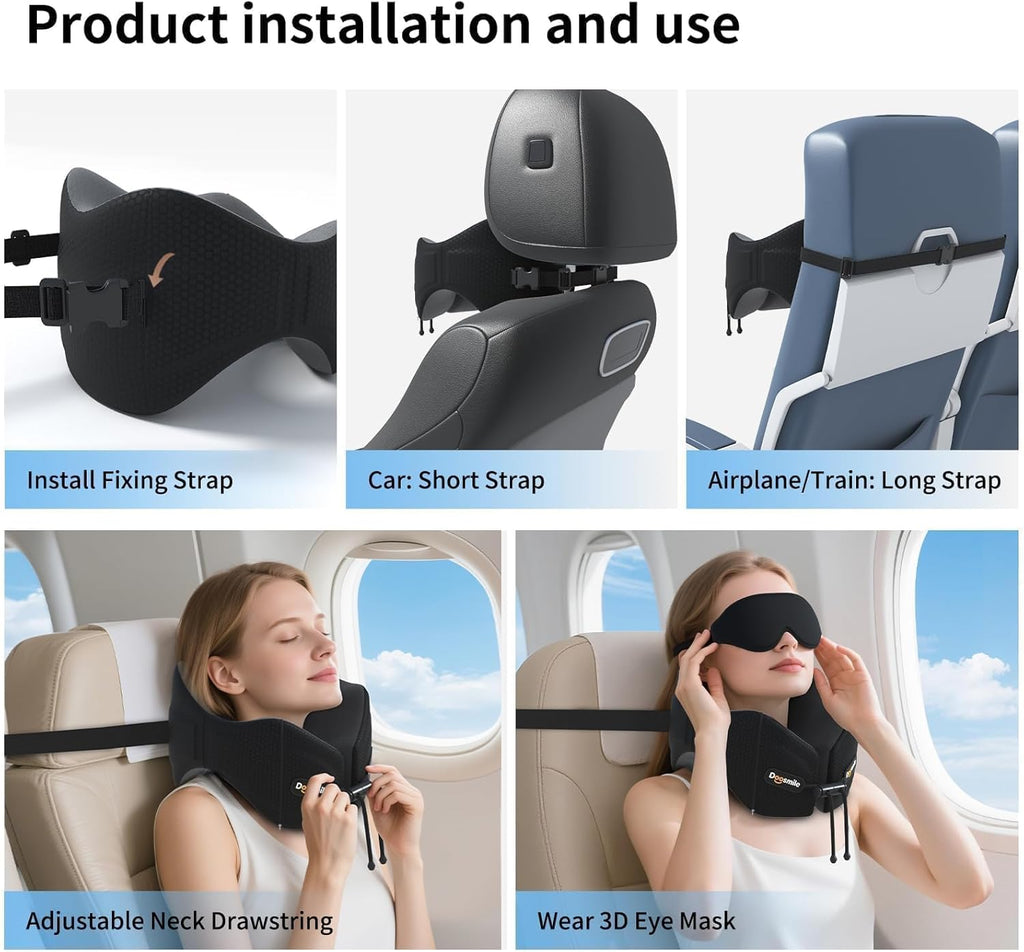 Patented Head-Bobble-preventing Ergonomic 360° Supporting Golden Formula Memory Foam Travel Neck Pillow w/3D