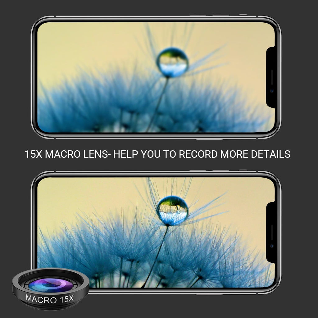 5 in 1 Phone Camera Lens Kit -0.63X Wide Angle Lens & 15X Macro Lens+190°Fisheye Lens/CPL + 2X Telephoto Lens