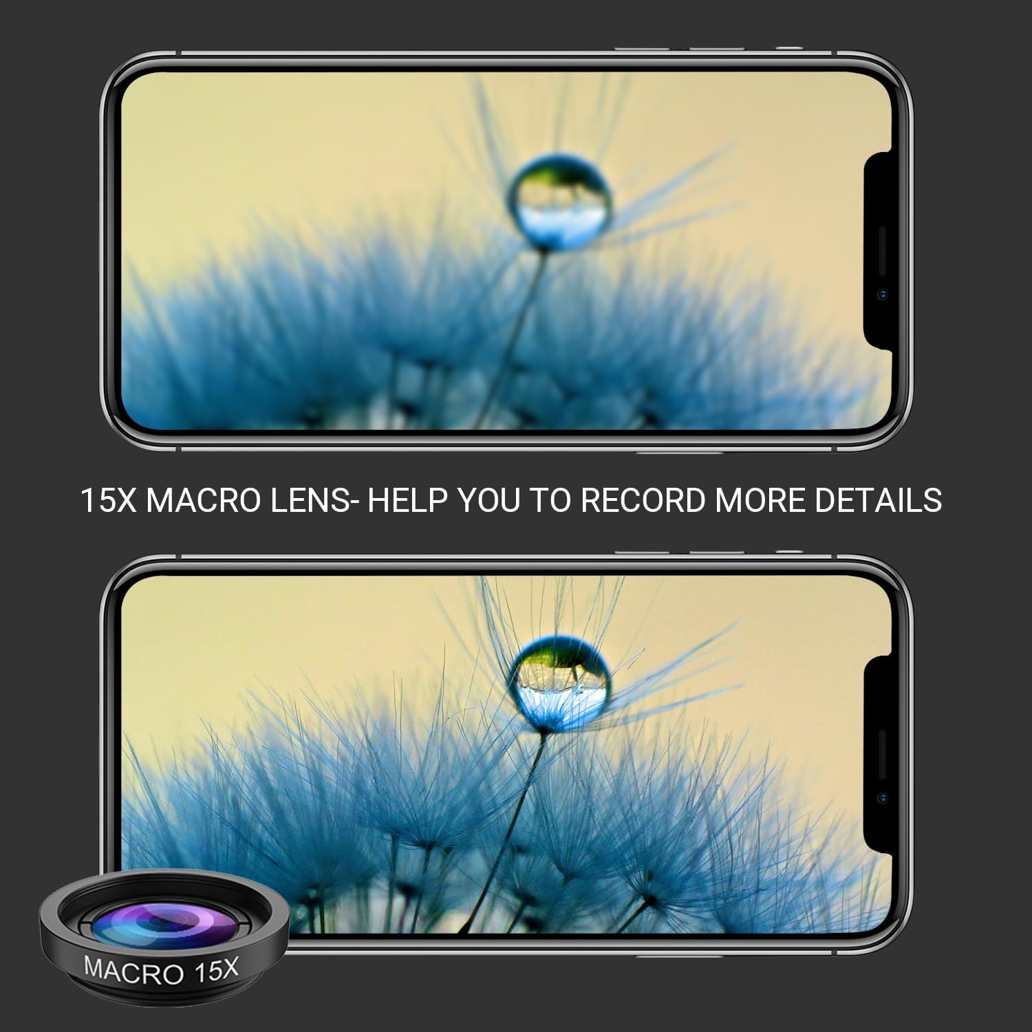 5 in 1 Phone Camera Lens Kit -0.63X Wide Angle Lens & 15X Macro Lens+190°Fisheye Lens/CPL + 2X Telephoto Lens