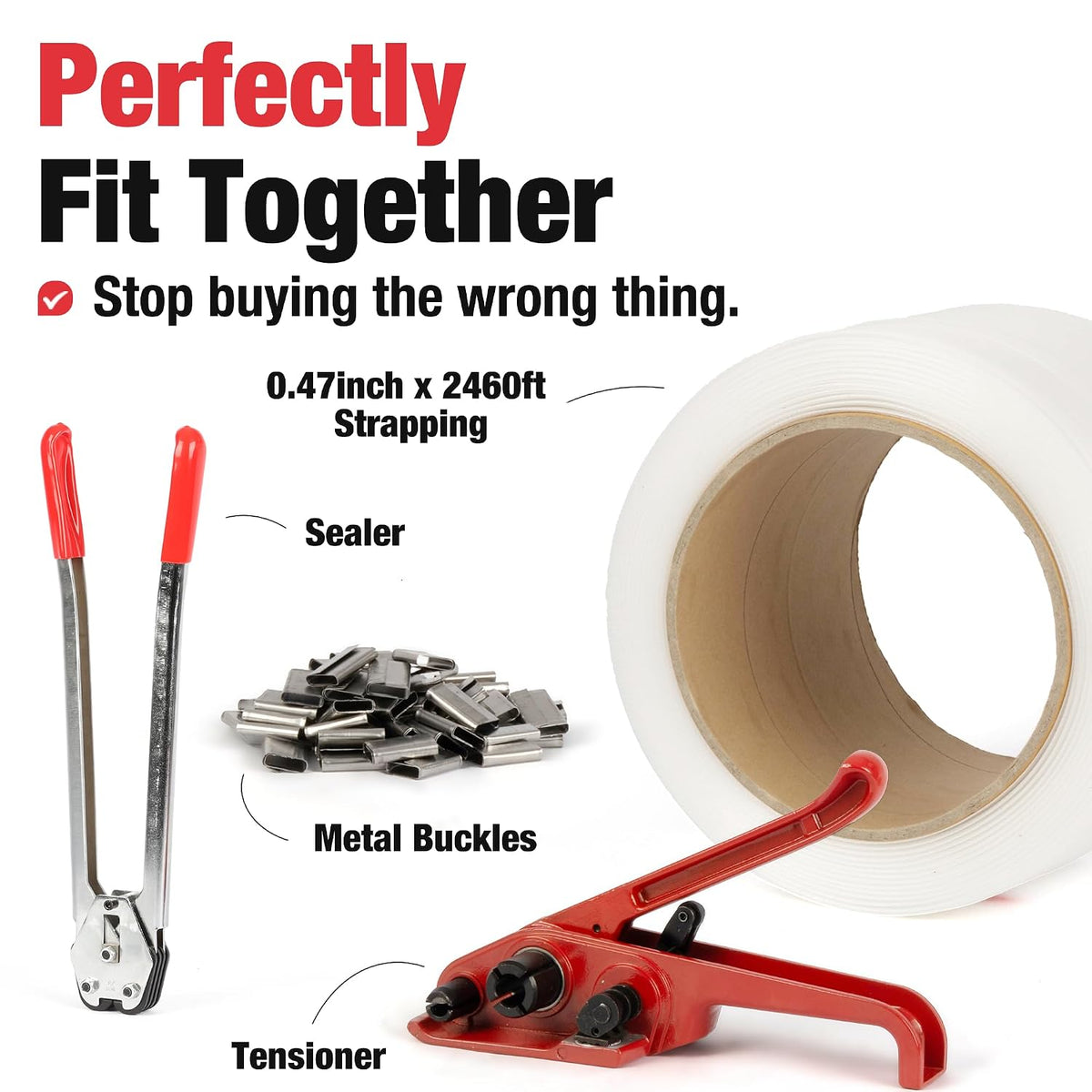 Heavy Duty Packing Strapping Tensioner Kit 150 Metal Seals, 0.47" x 0.03" x 2460ft Polypropylene Strapping, Pallet