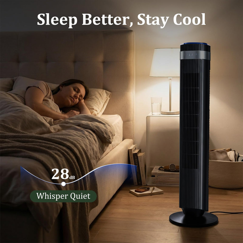 Tower Fan for Bedroom, 28dB Quiet Bladeless Oscillating Standing Fan with Remote, 5 Speeds & 4 Modes, 12H Timer, LED