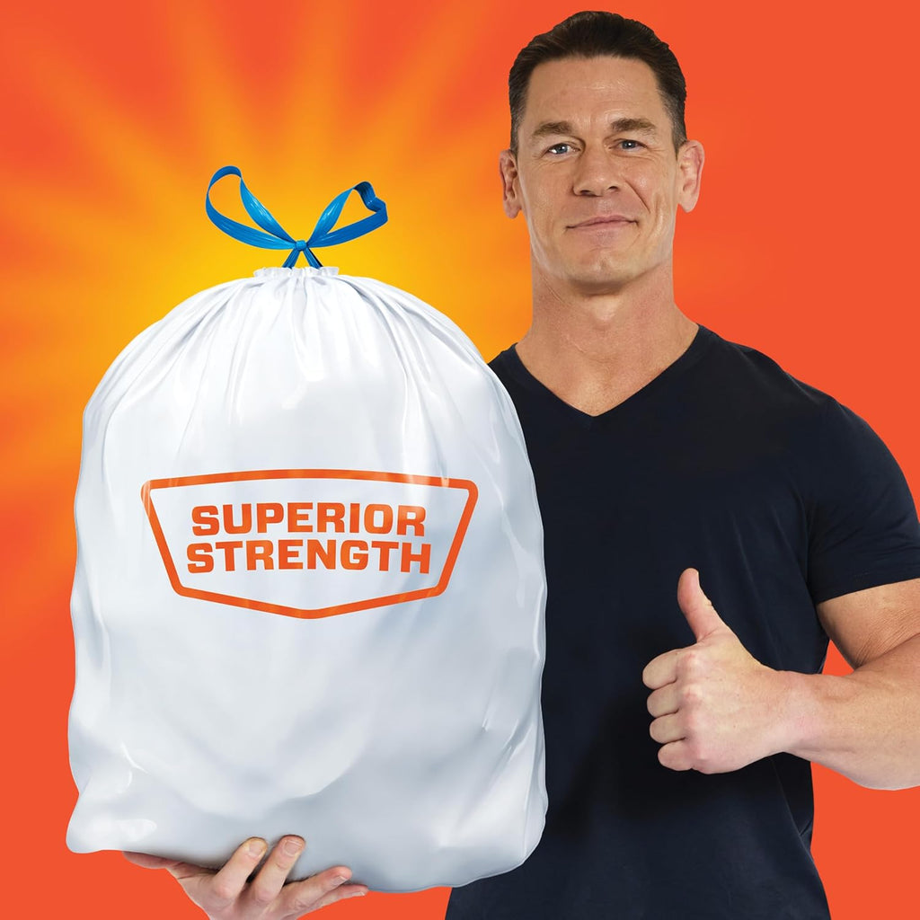 Strong 13 Gallon Trash Bags, Tall Kitchen, Drawstrings, Durable Closure, Resists Leaks, Punctures, Tears, White