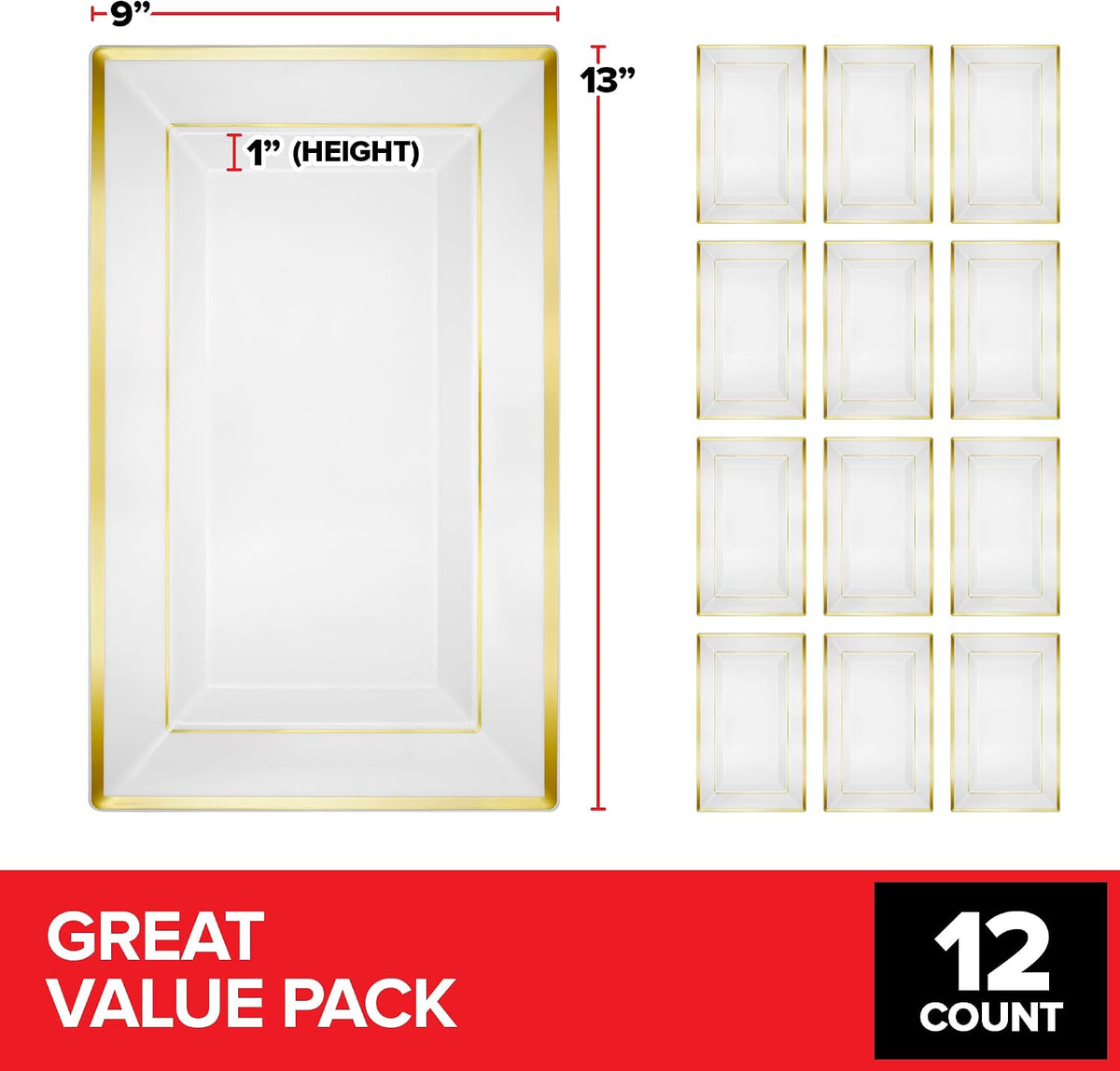 (12 Pcs) Premium White and Gold Plastic Serving Tray, Plastic Serving Platter Disposable, White Rectangle Party Trays