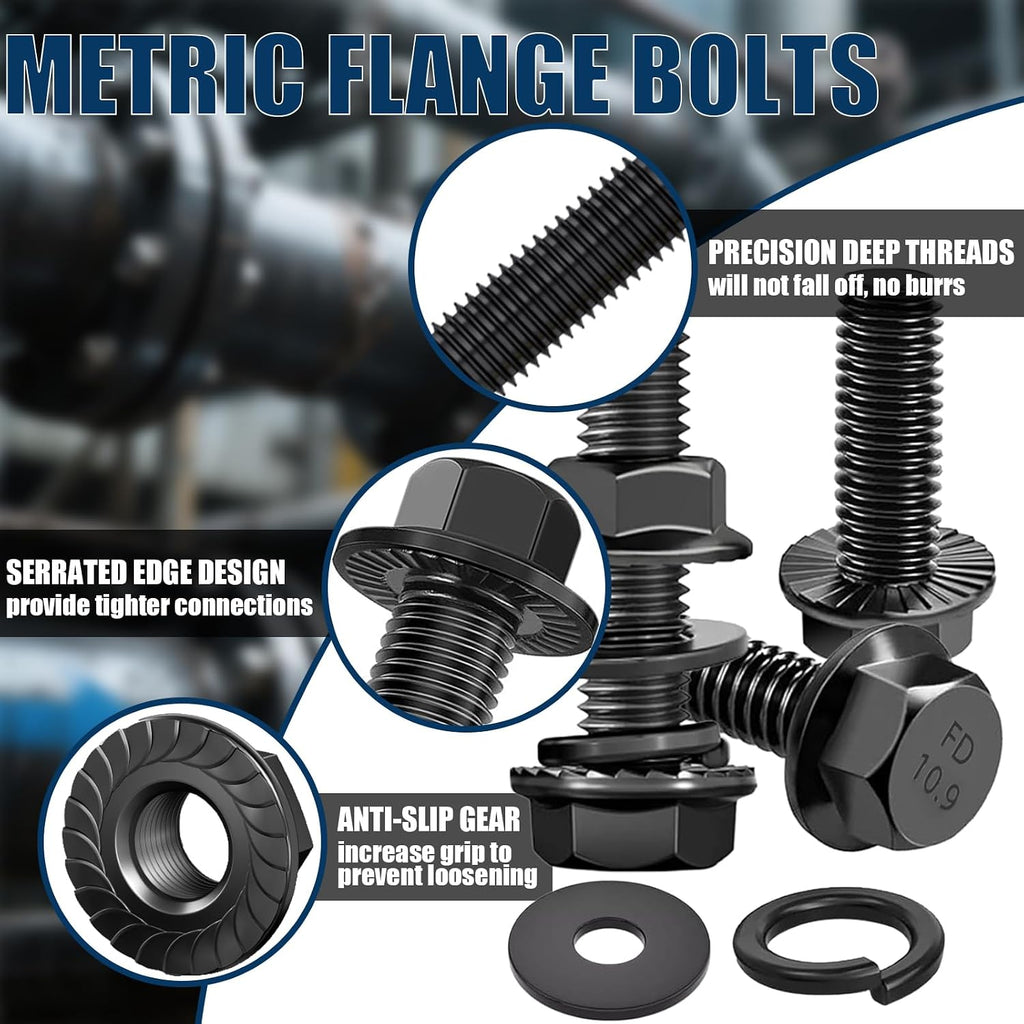 208PCS M6x1.0 Metric Flange Bolt Assortment Kit, 10.9 Black Zinc