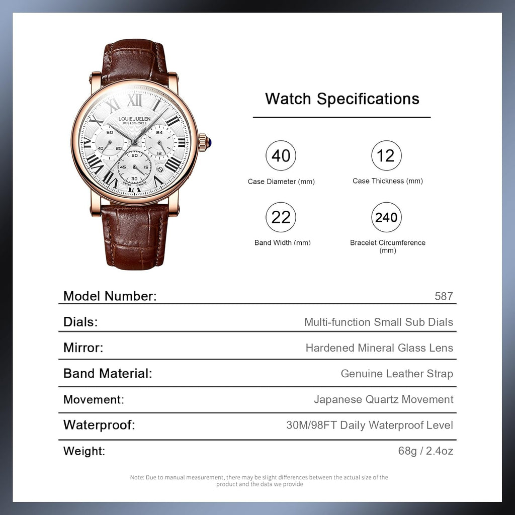 Men's Business Watch, Chronograph Quartz Analog Watch, Leather Strap | Stainless Steel, Roman numerals, Analog