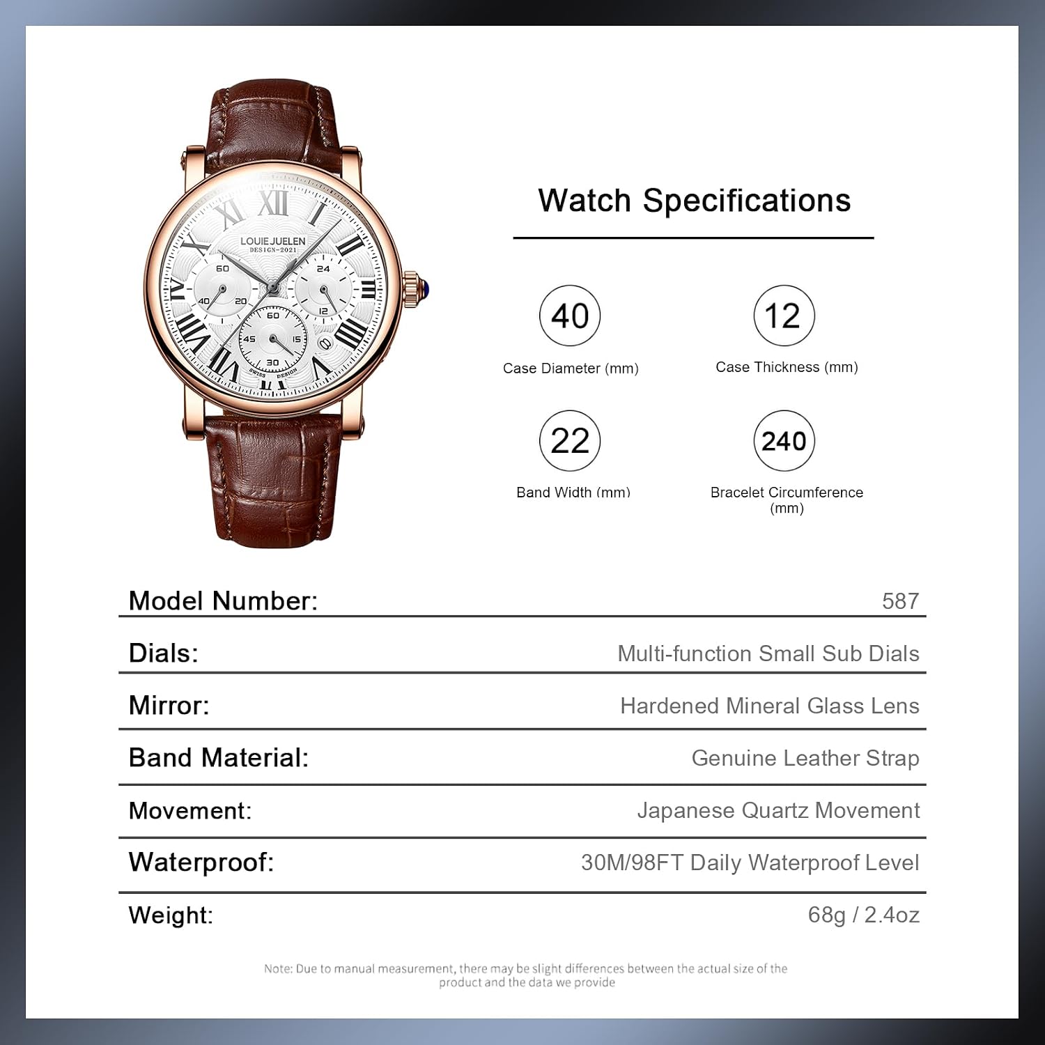 Men's Business Watch, Chronograph Quartz Analog Watch, Leather Strap | Stainless Steel, Roman numerals, Analog