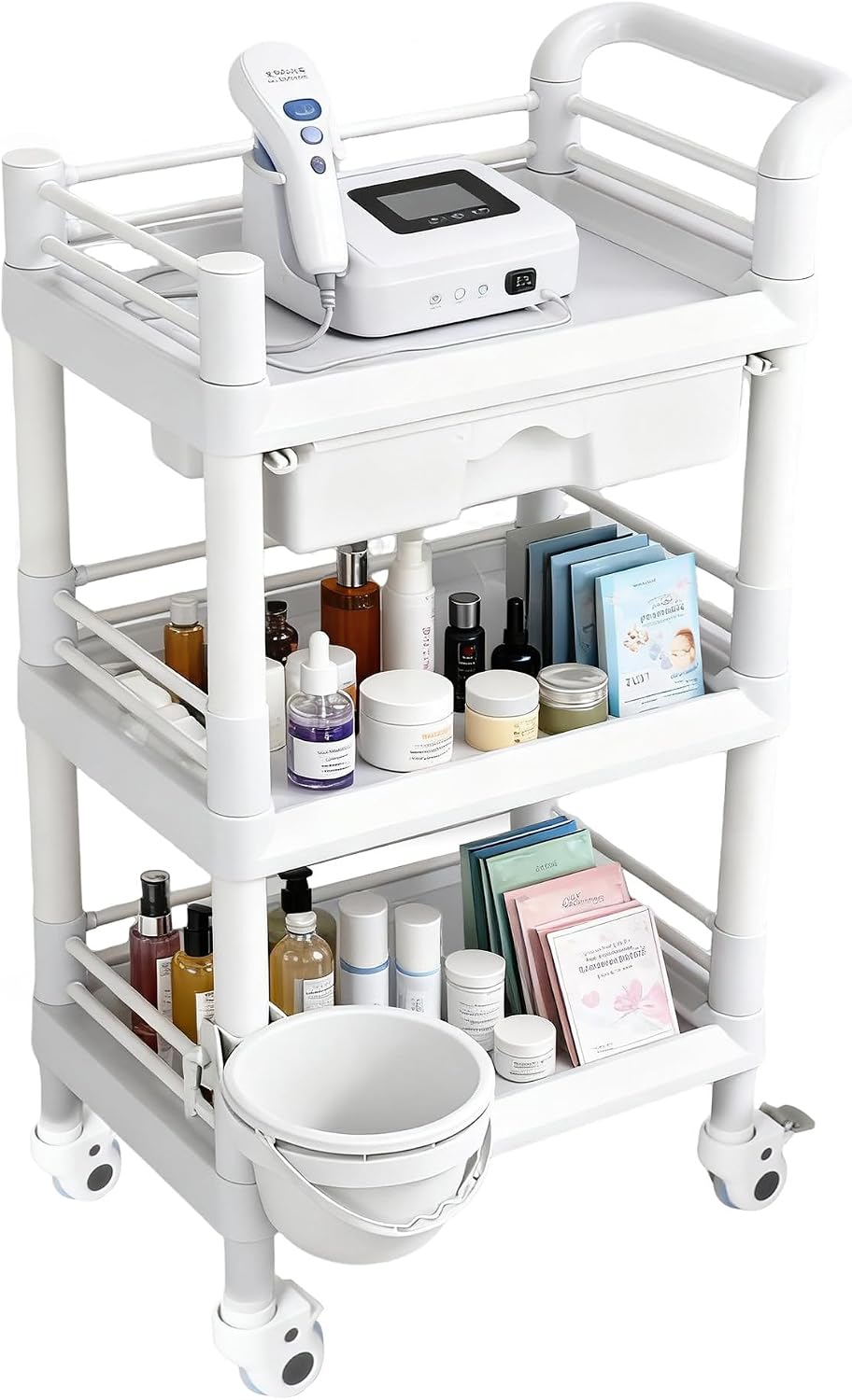 3 Tier Rolling Medical Cart, Utility Trolley with Drawer & Wheels | Mobile Beauty Salon Cart with Wheels for Spa