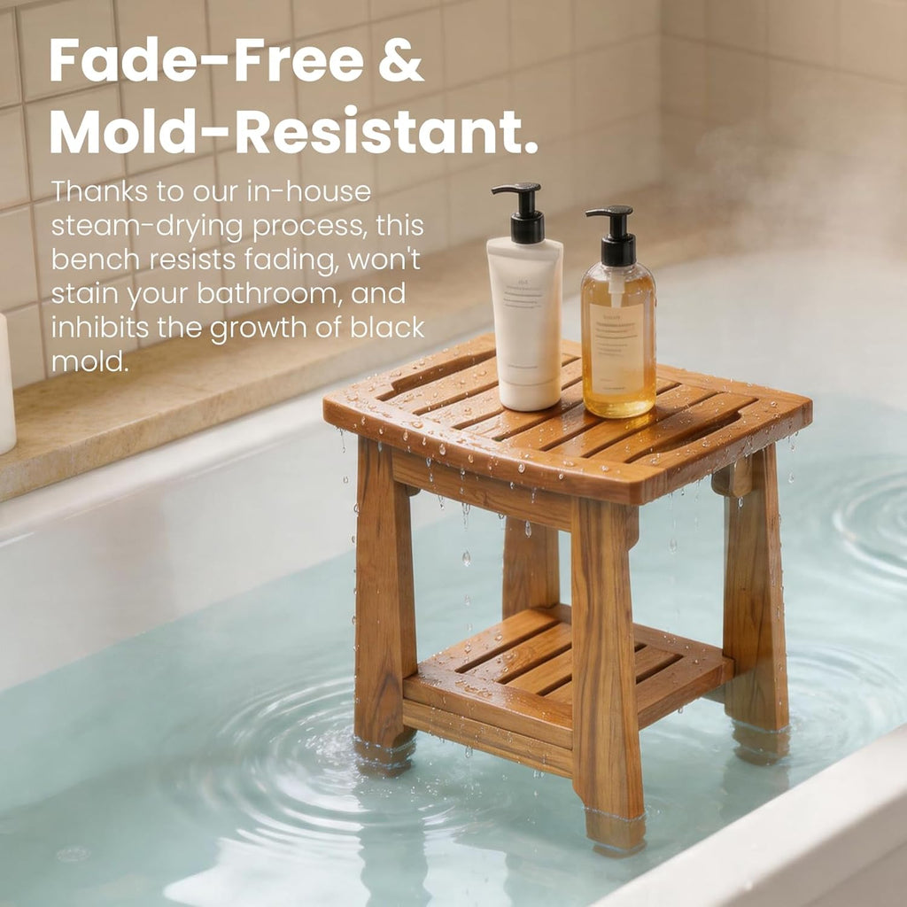 14" Compact Teak Shower Stool with Shelf & Handle - Waterproof, Non-Slip Bath Bench for Small Bathrooms/Tub/Outdoor