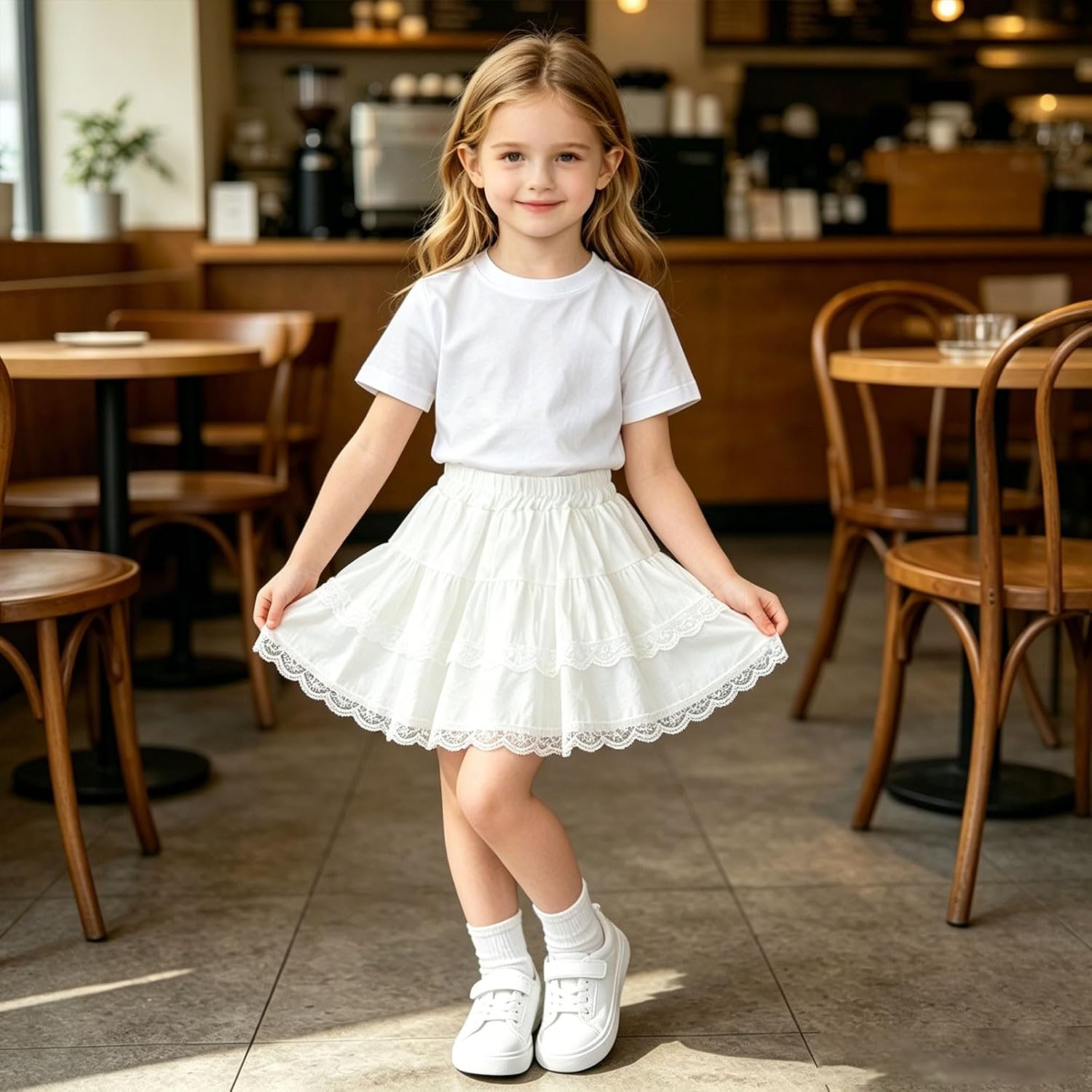 Kids Girls Lace Ruffled Skirt Toddler School A Line Layered Skort Classic Elastic High Waisted Athletic Skirts Casual