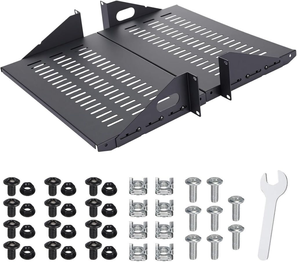 2U Cantilever Server Shelf Rack Mount 19 Inch 2 Piece Set Center Weighted Vented Tray for AV Data Network Equipment Enclosure, 110lb Capacity, 10 Inch Deep, Black(2U10InD)