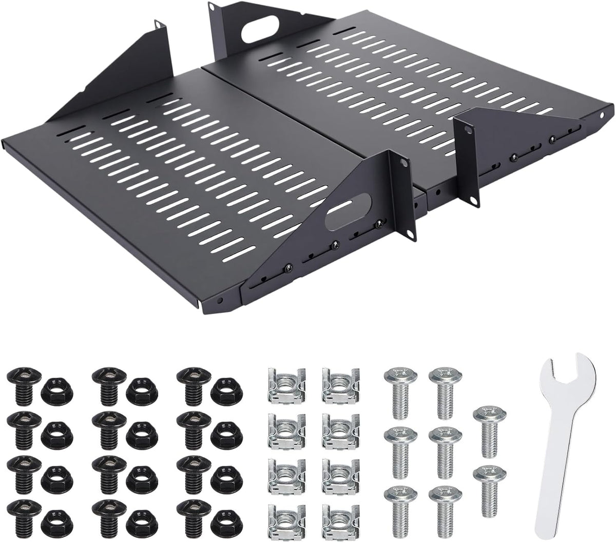 2U Cantilever Server Shelf Rack Mount 19 Inch 2 Piece Set Center Weighted Vented Tray for AV Data Network Equipment Enclosure, 110lb Capacity, 10 Inch Deep, Black(2U10InD)