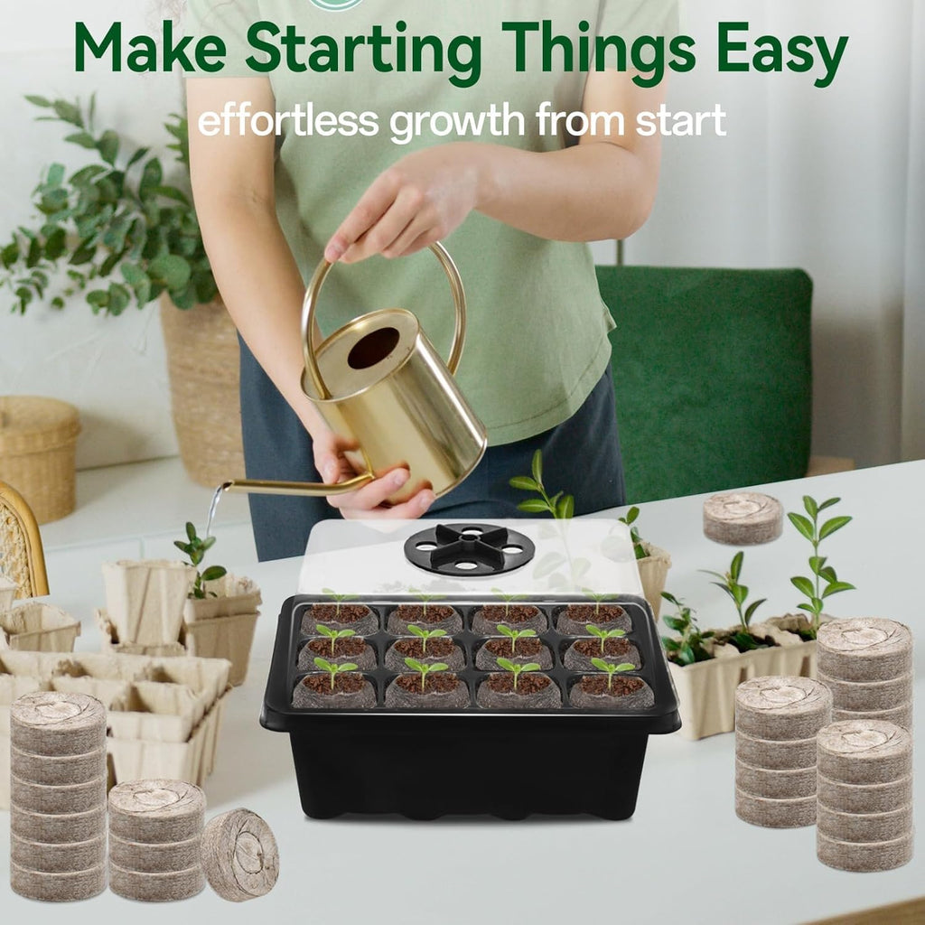 4 Pack Seed Starter Tray with 50 PCS Peat Pellets, 48 Cells Black Seeding Starter Trays for Organic Seed Starter Soil