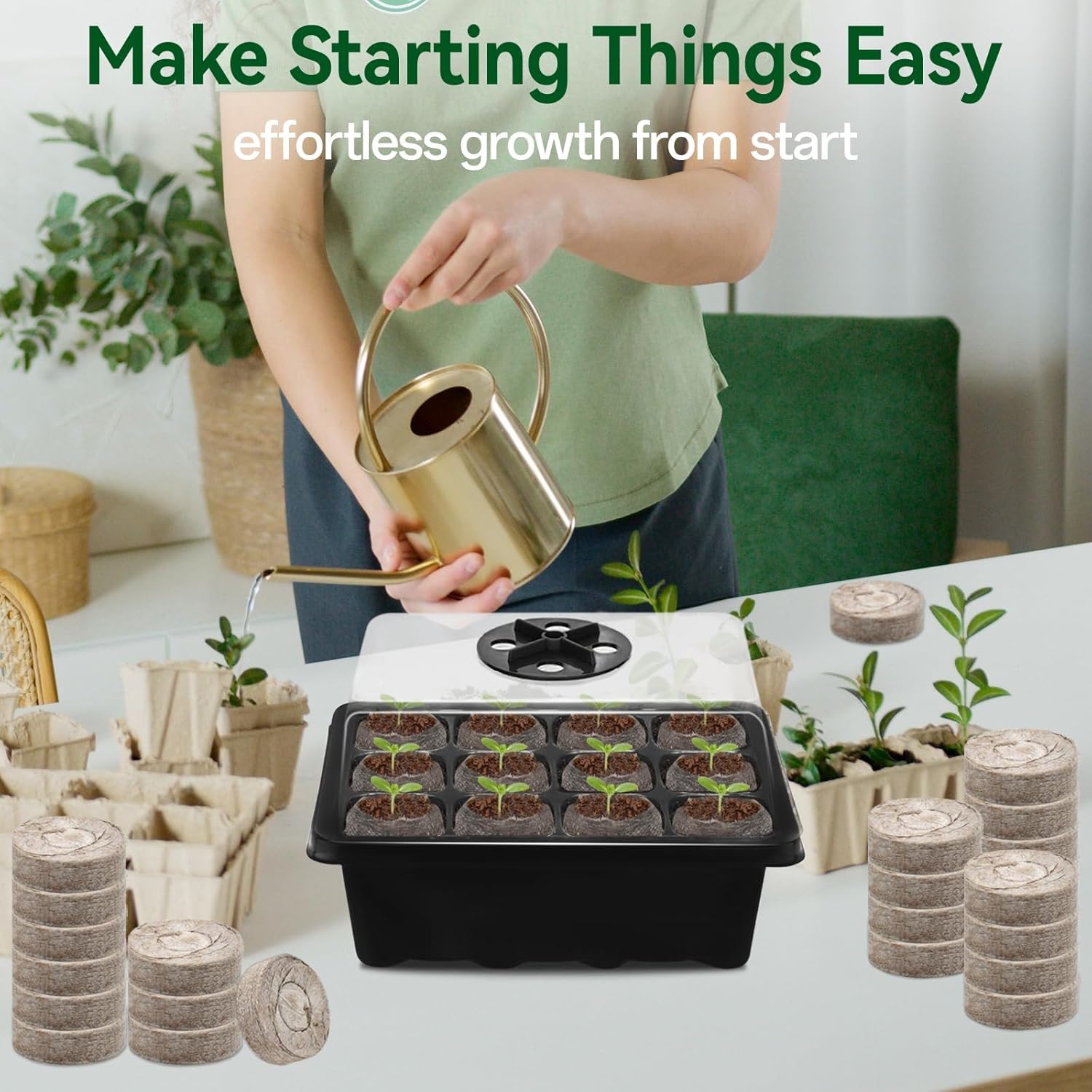 4 Pack Seed Starter Tray with 50 PCS Peat Pellets, 48 Cells Black Seeding Starter Trays for Organic Seed Starter Soil
