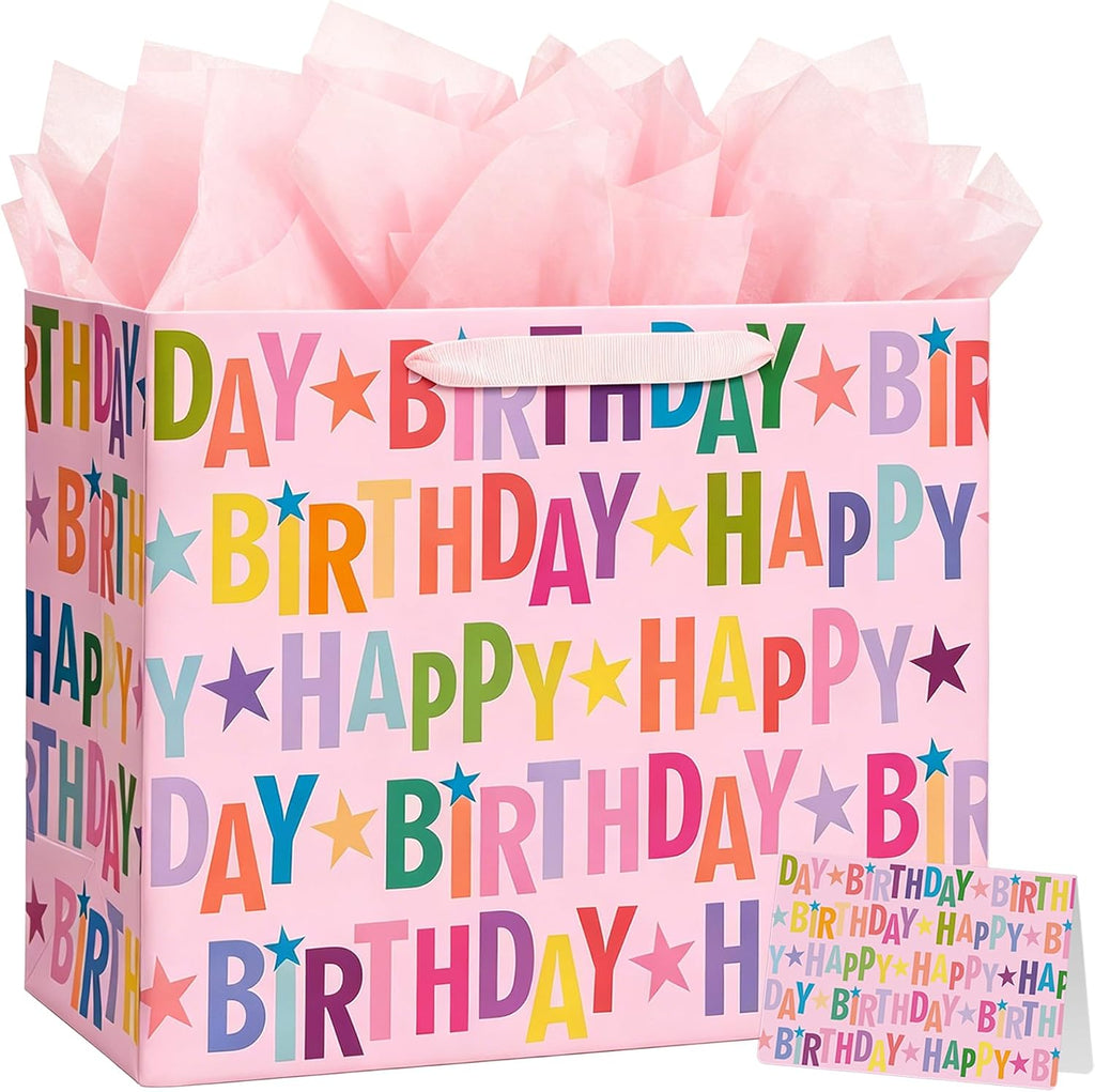 16.5" Extra Large Happy Birthday Gift Bag Set with Greeting Card and Tissue Paper, Colorful Lettering Design for