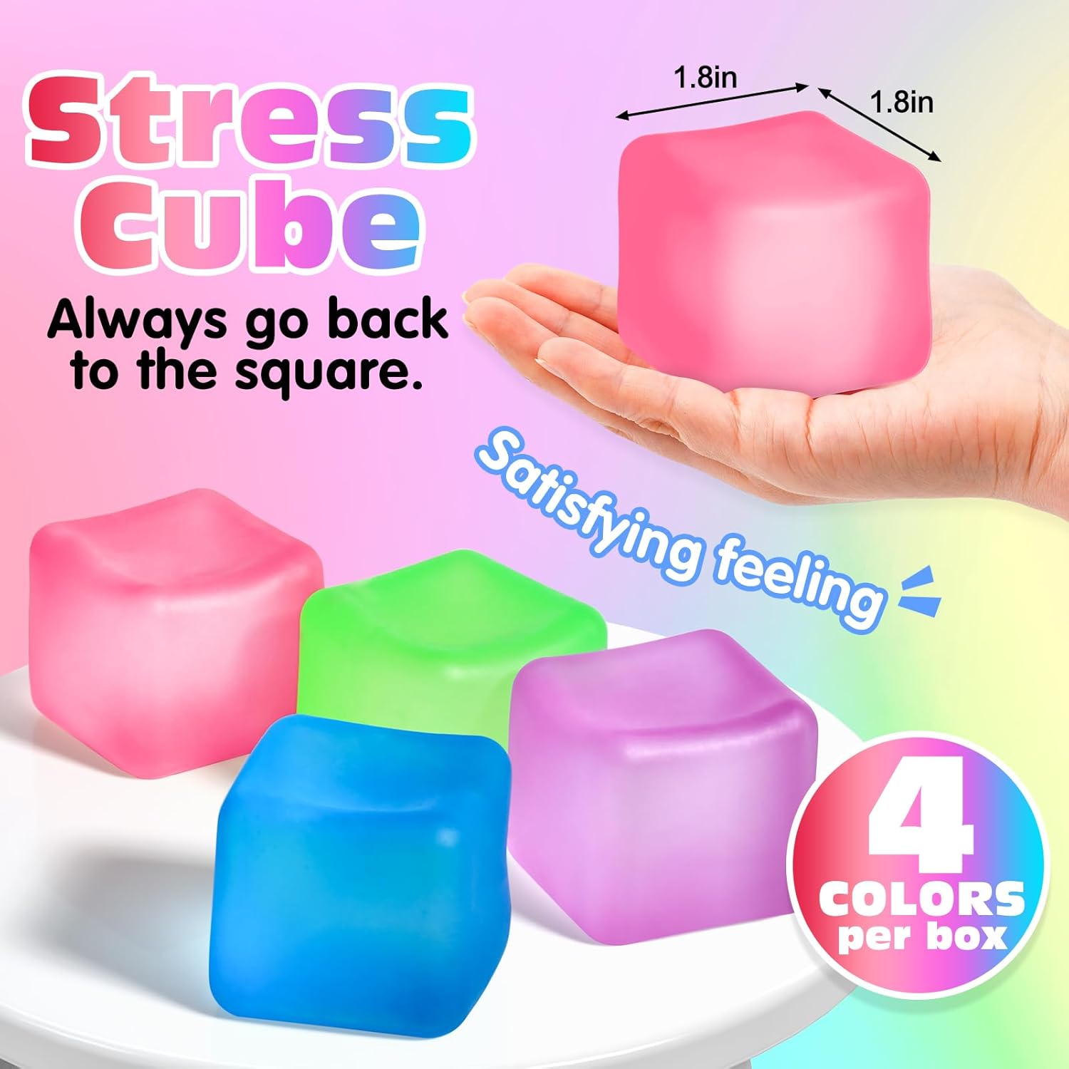 4 Pack Stress Cube,Slow Rising Ice Cube Stress Balls for Adults Kids | Sensory Fidget Toy for Anxiety Relief, Square