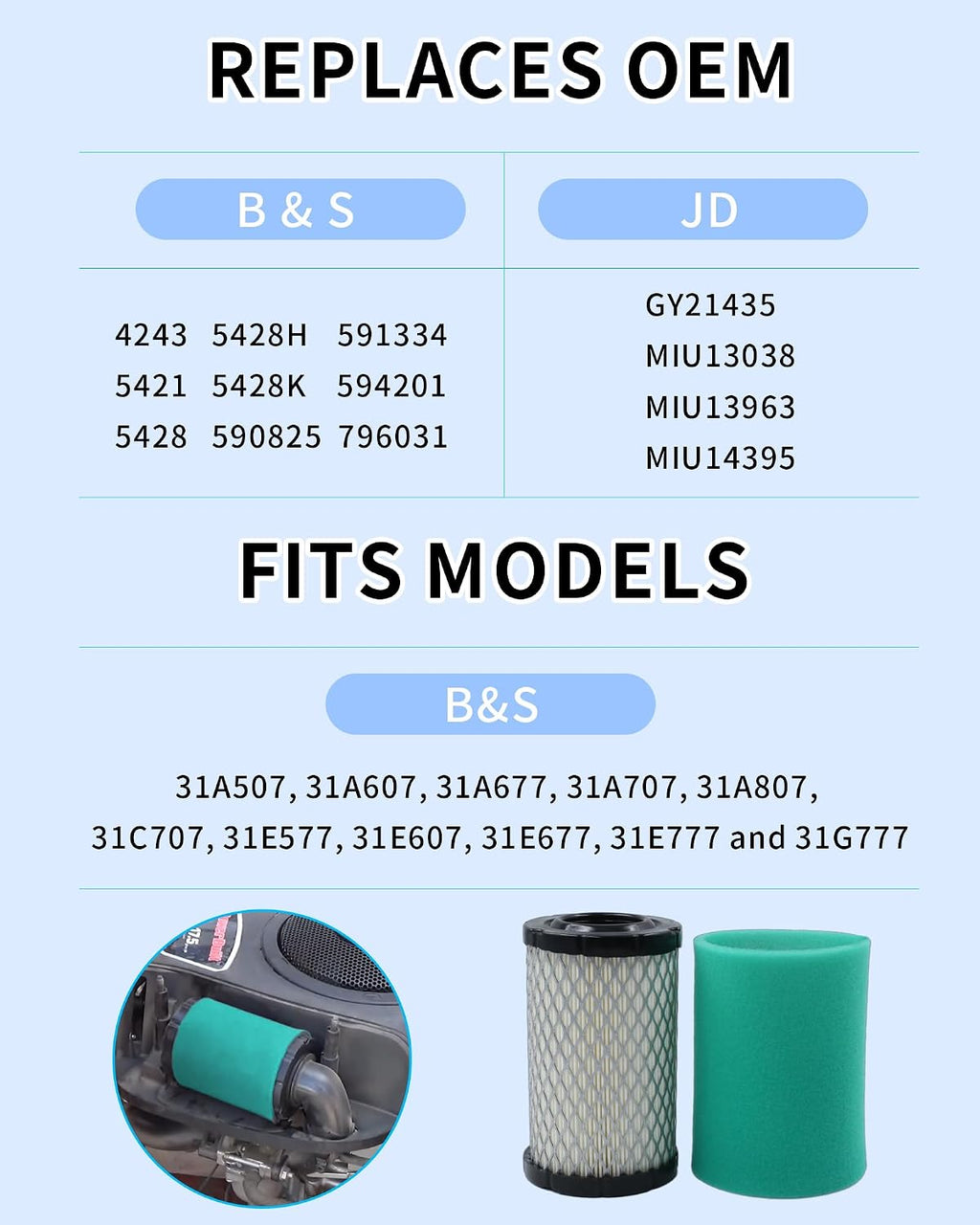 796031 590825 594201 591334 Air Filter Fits B&S troy bilt pony parts 4243 5421 5428 5428H 5428K and Johndeere GY21435 MIU13038 MIU13963 MIU14395 (1 Pack)