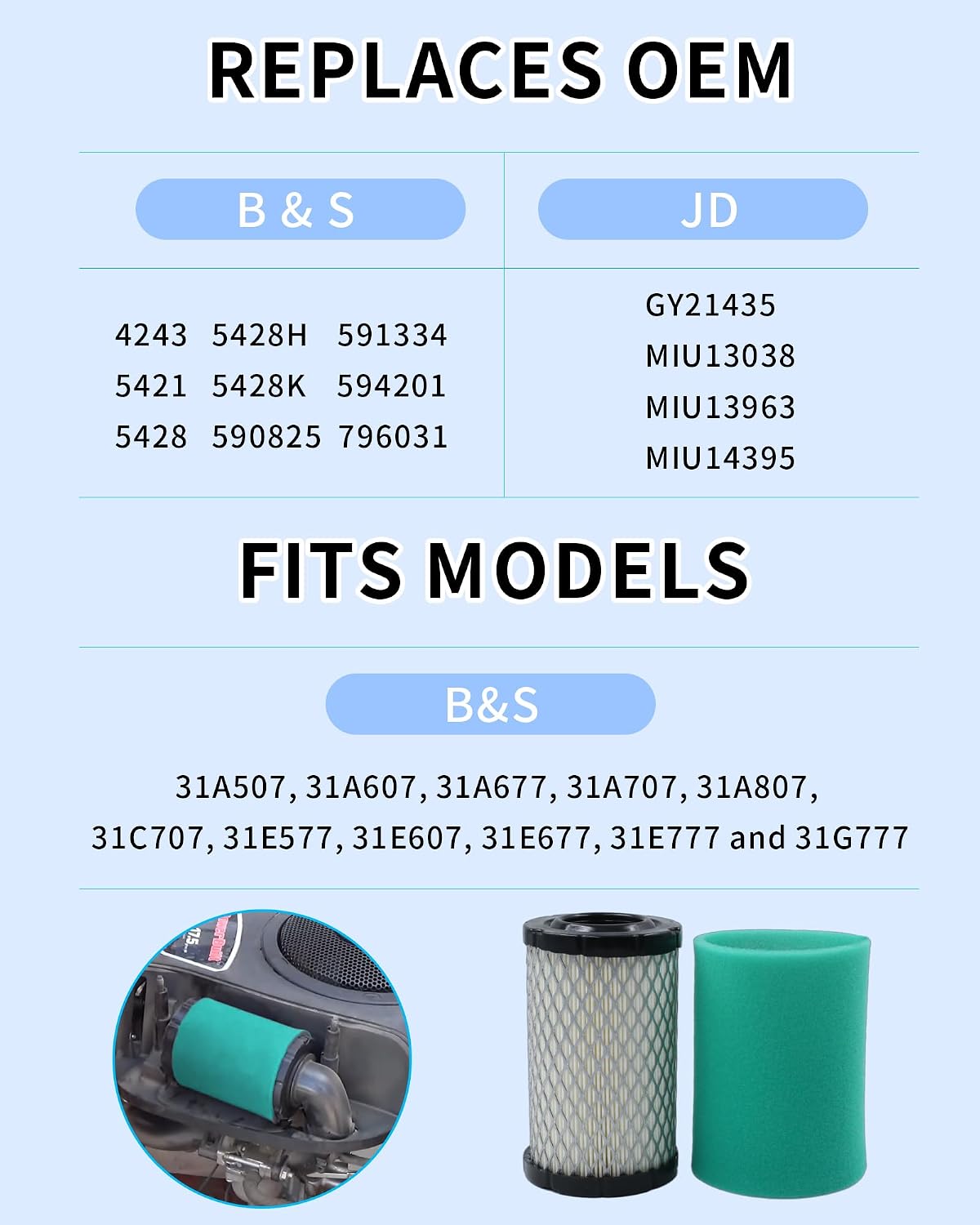 796031 590825 594201 591334 Air Filter Fits B&S troy bilt pony parts 4243 5421 5428 5428H 5428K and Johndeere GY21435 MIU13038 MIU13963 MIU14395 (1 Pack)