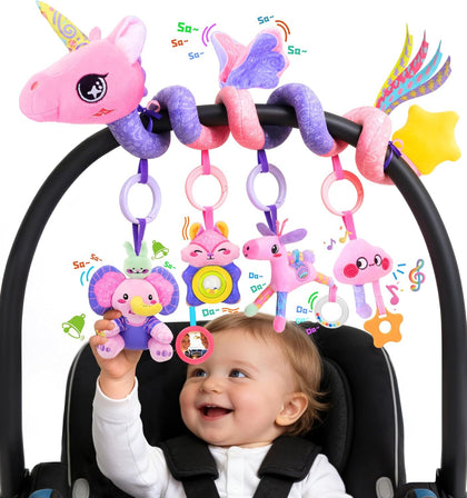 Musical Car Seat Toy for Babies 0-12 Months Girl, 5-in-1 Sensory Activity Hanging Toy Stroller Toy with Soothing