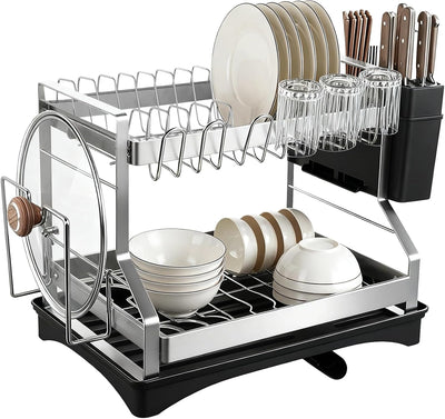 2 Tier Dish Drying Rack, Large Dish Rack for Kitchen Counter, Stainless Steel Dish Rack with Drainboard and Utensil