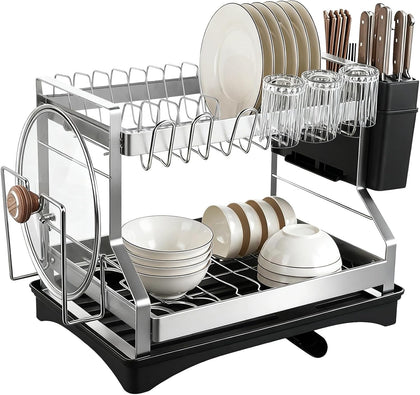 2 Tier Dish Drying Rack, Large Dish Rack for Kitchen Counter, Stainless Steel Dish Rack with Drainboard and Utensil