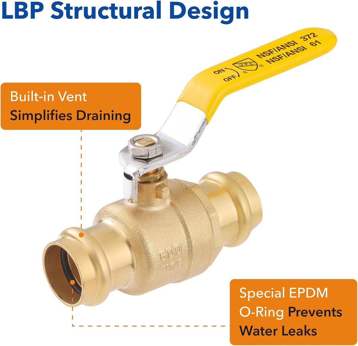 1/2" Brass Press Ball Valve, 1/4-Turn Full Port Valve (10-Pack)