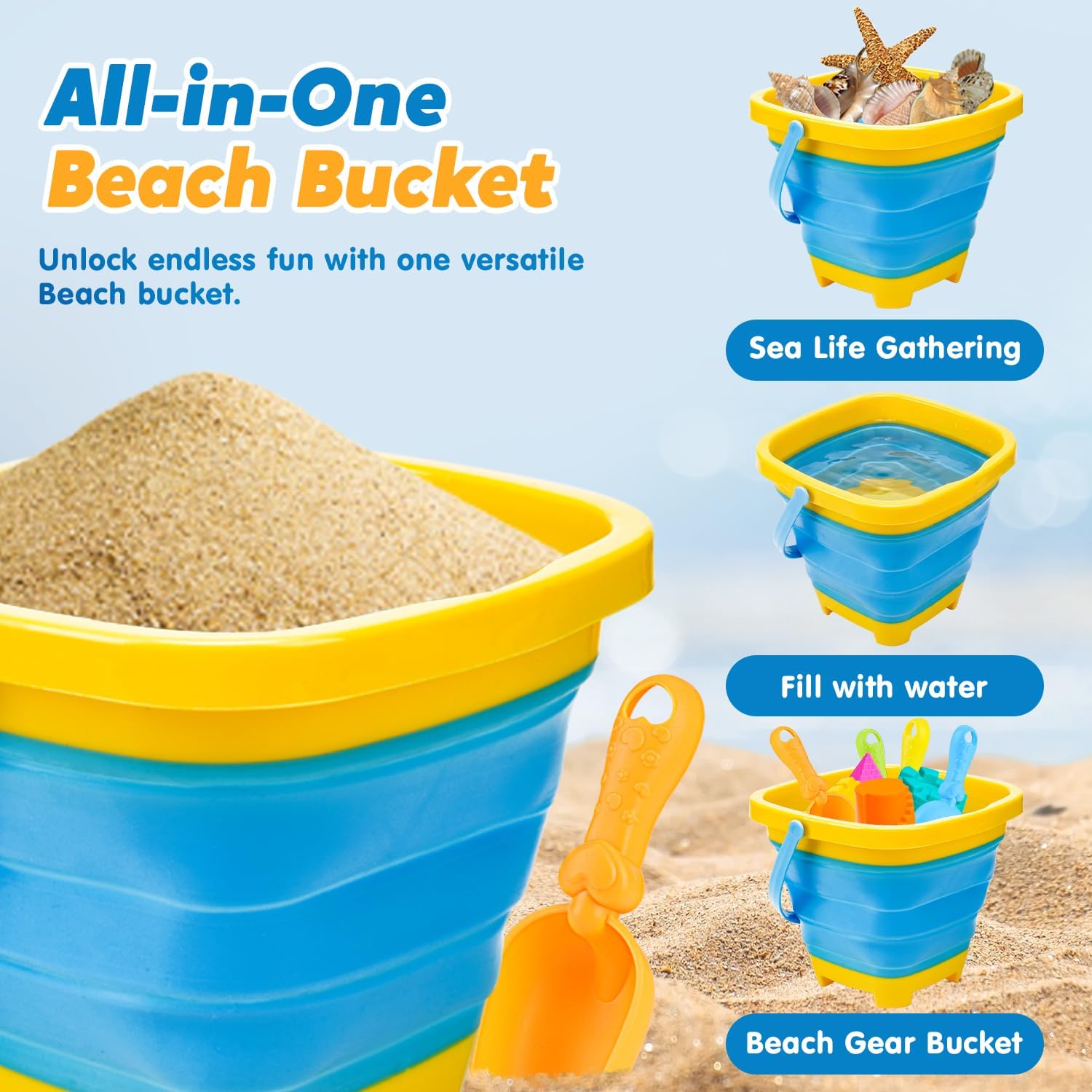 Beach Sand Toys for Toddler 1-3 with Trucks, 2 Collapsible Beach Toys for Kids Ages 4-8, Sandbox Toys for Toddler