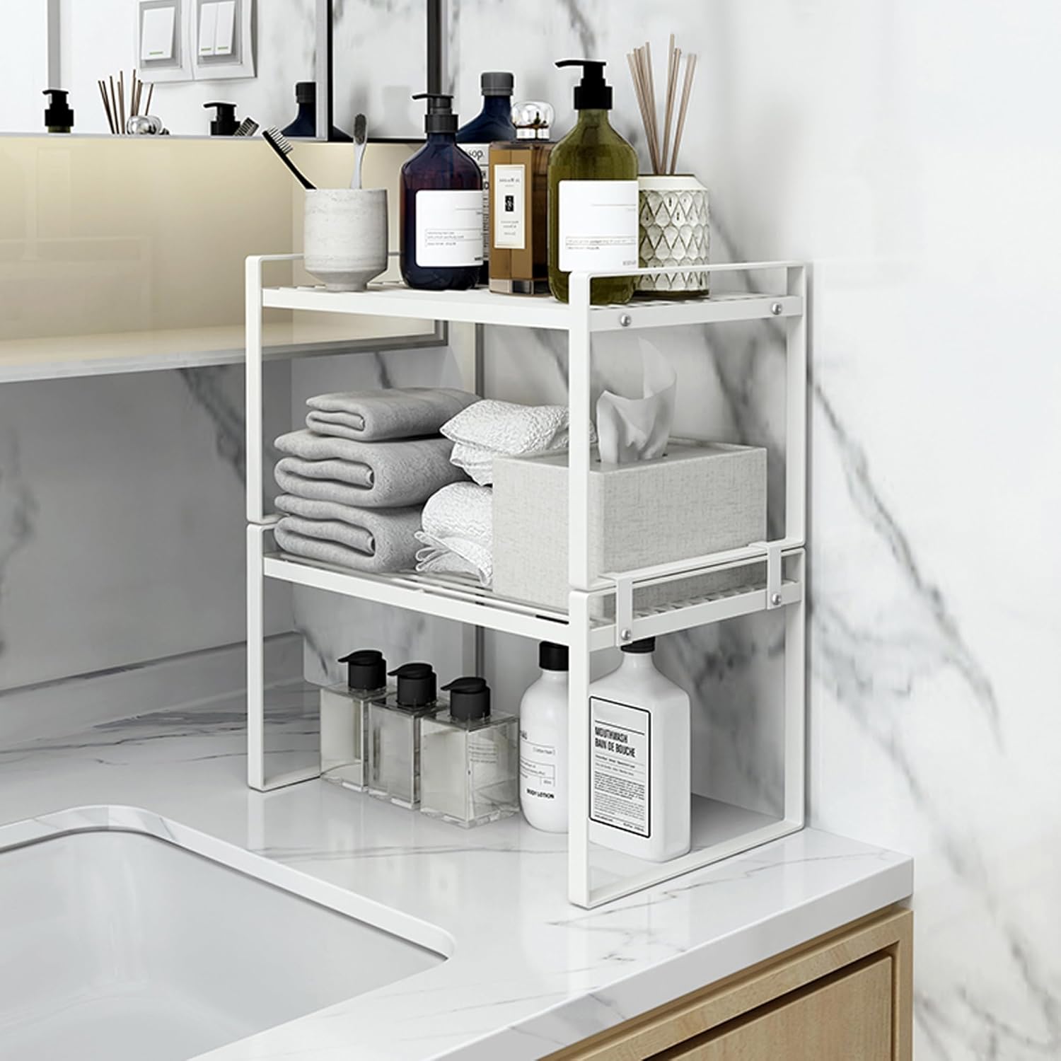 2 Pack Kitchen Cabinet Shelf Counter Organizer Rack Pantry Storage Bathroom Bedroom Office Table Desk Space Saving