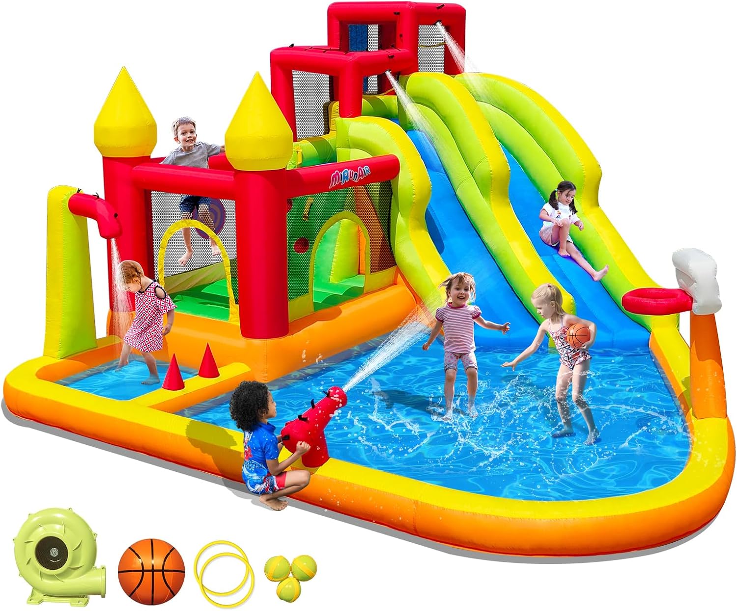 Inflatable Bounce House with Slides, Inflatable Water Slide for Kids Backyard, Bounce Water Prak with Air Blower