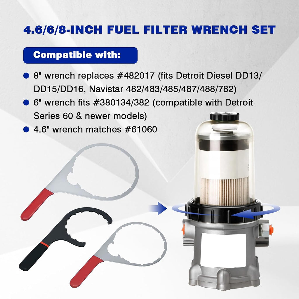3-Piece Diesel Fuel Filter Wrench Set (4.6/6/8 Inch) - Heavy-Duty Steel w/ Non-Slip Grip - Fits Detroit Diesel