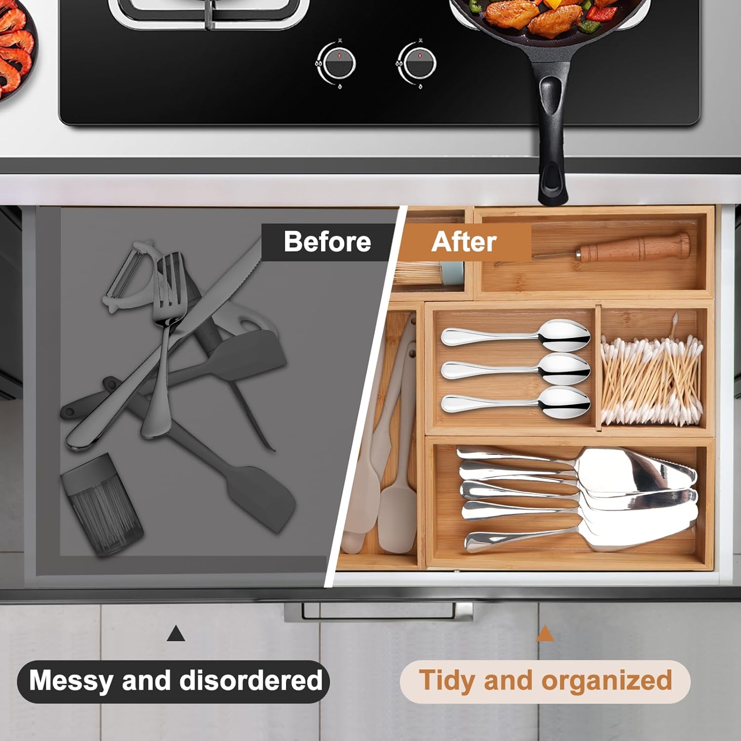 Bamboo Drawer Organizer 5 Pcs for Kitchen Multi-purpose Storage Dividers for Kitchen, Office, Jewelry, Cosmetics